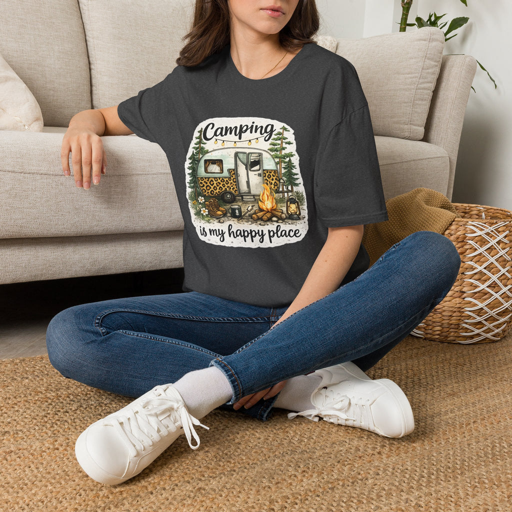 Camping Is My Happy Place T‑Shirt — Leopard Camper Graphic Tee