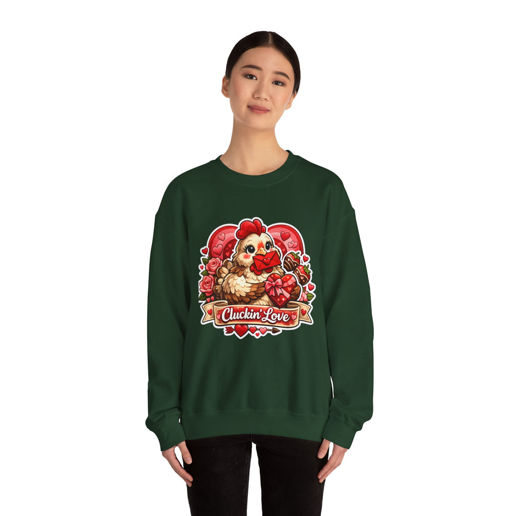 Crewneck Sweatshirt — "Cluckin' Love" Cute Chicken Valentine Design