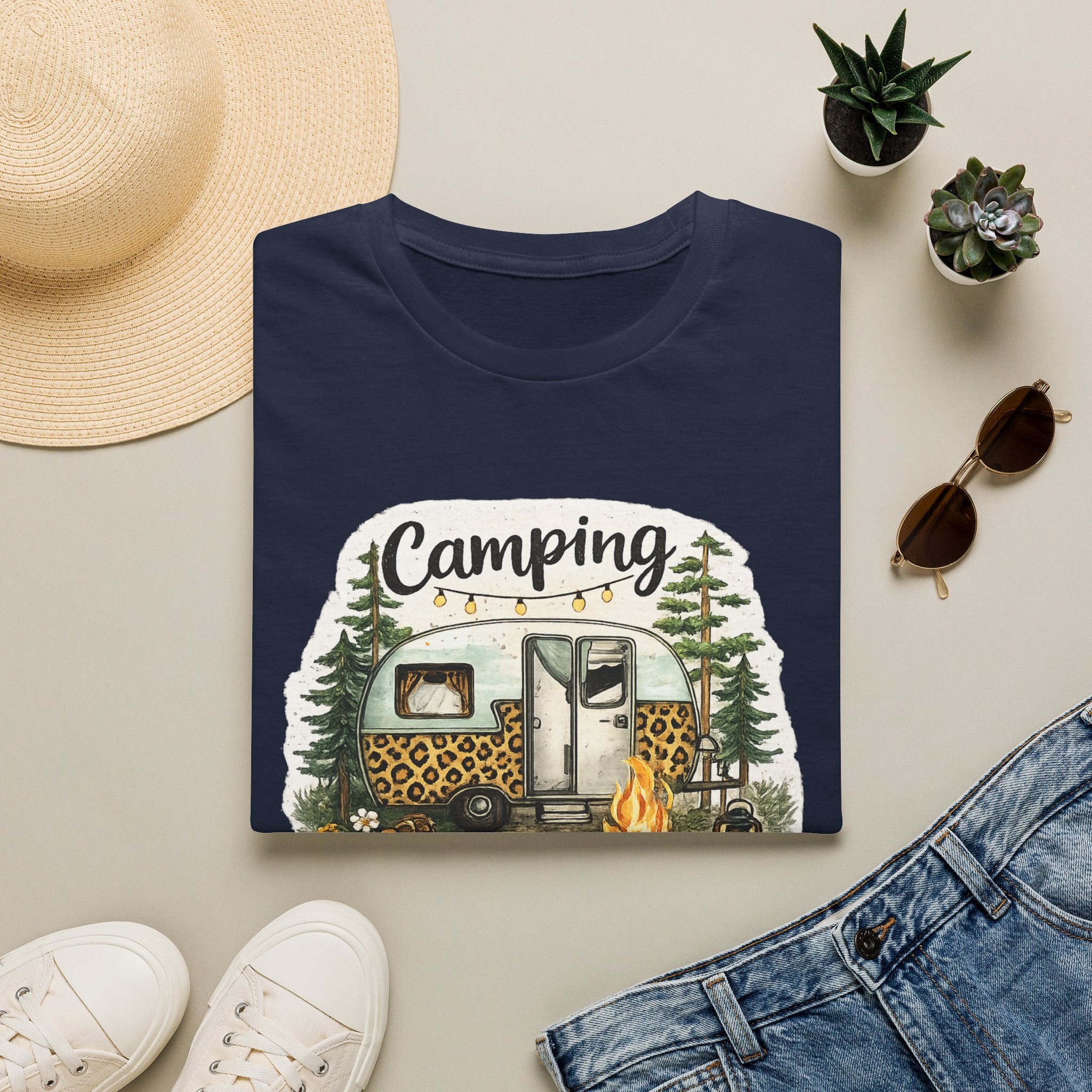 Camping Is My Happy Place T‑Shirt — Leopard Camper Graphic Tee
