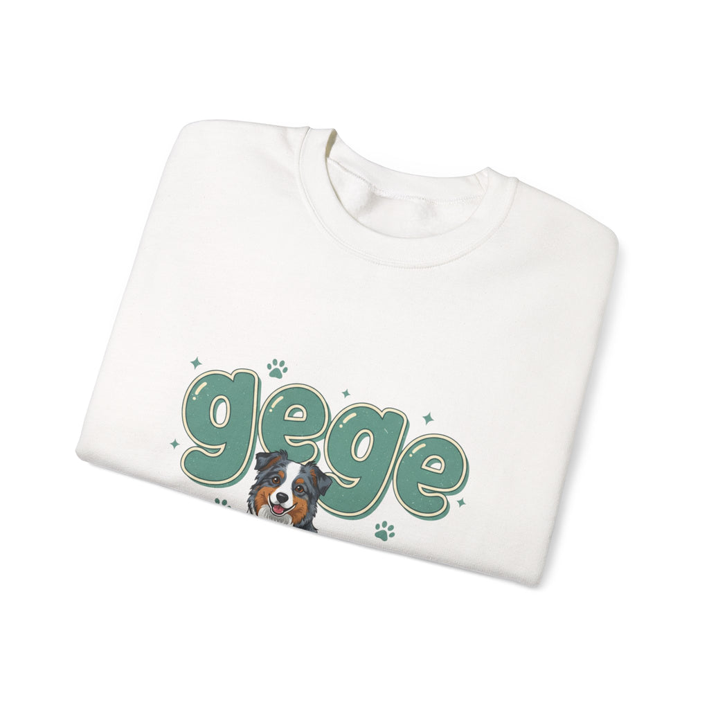 Crewneck Sweatshirt — Cute "gege" Design with Australian Shepherd Illustration