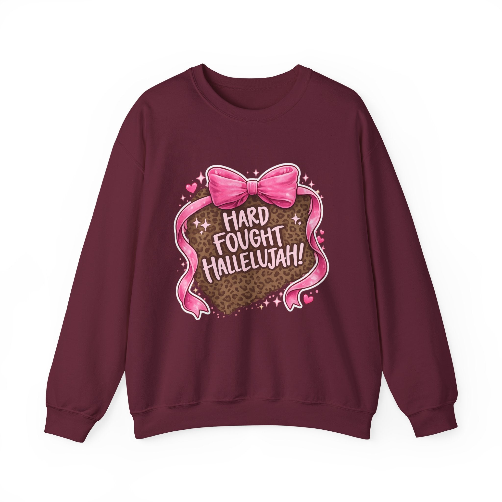 Crewneck Sweatshirt — "Hard Fought Hallelujah" Heart Graphic (Pink Bow, Leopard Print)