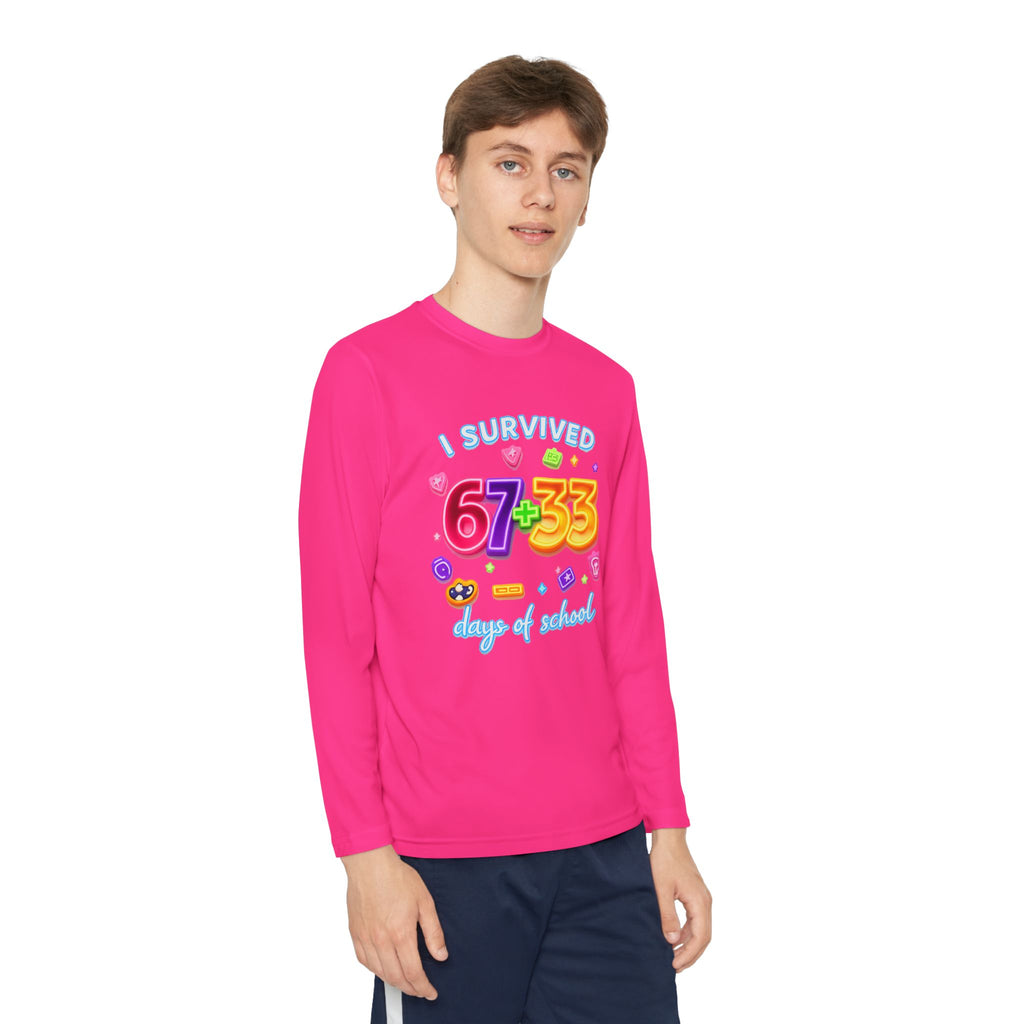 Youth Long Sleeve Tee — "I Survived 67+33 Days of School" Colorful Celebration Shirt