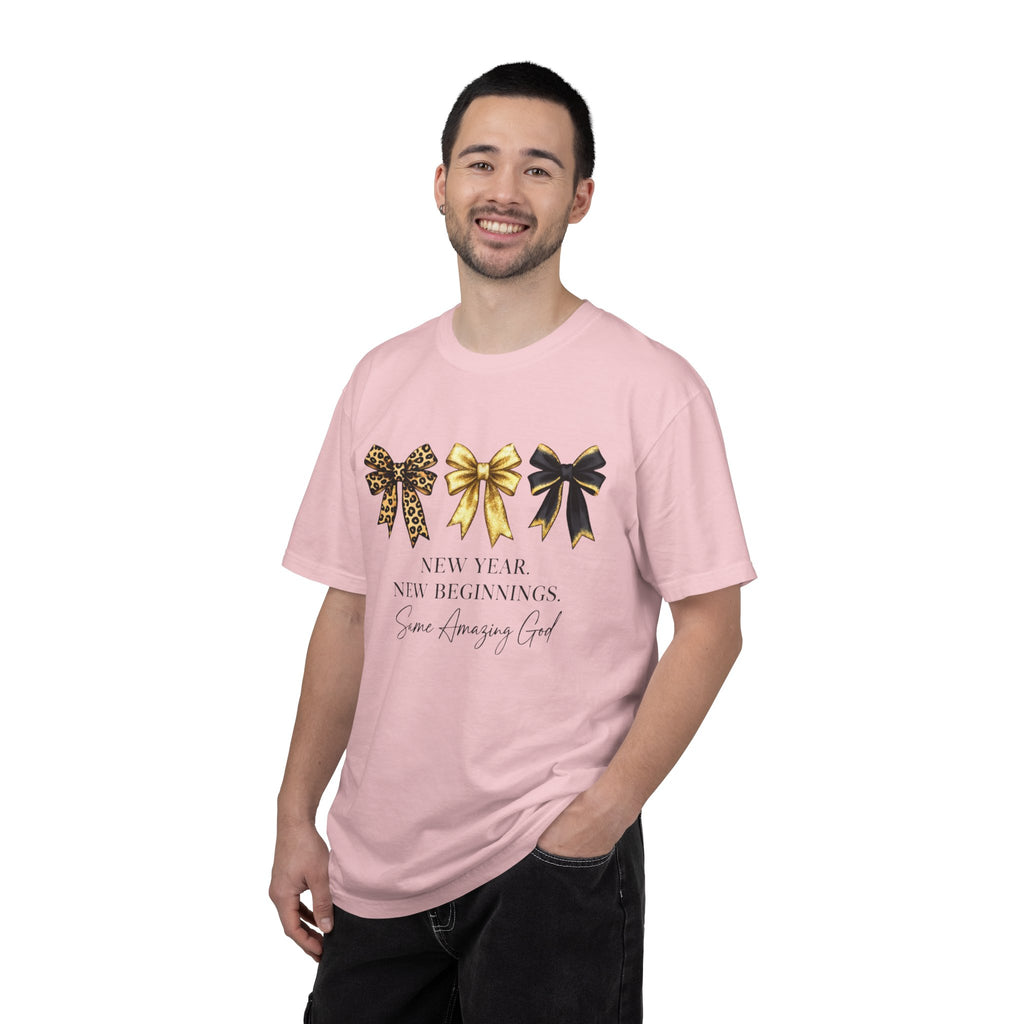 T-Shirt — "New Year, New Beginnings" Gold & Black Bow Graphic Tee