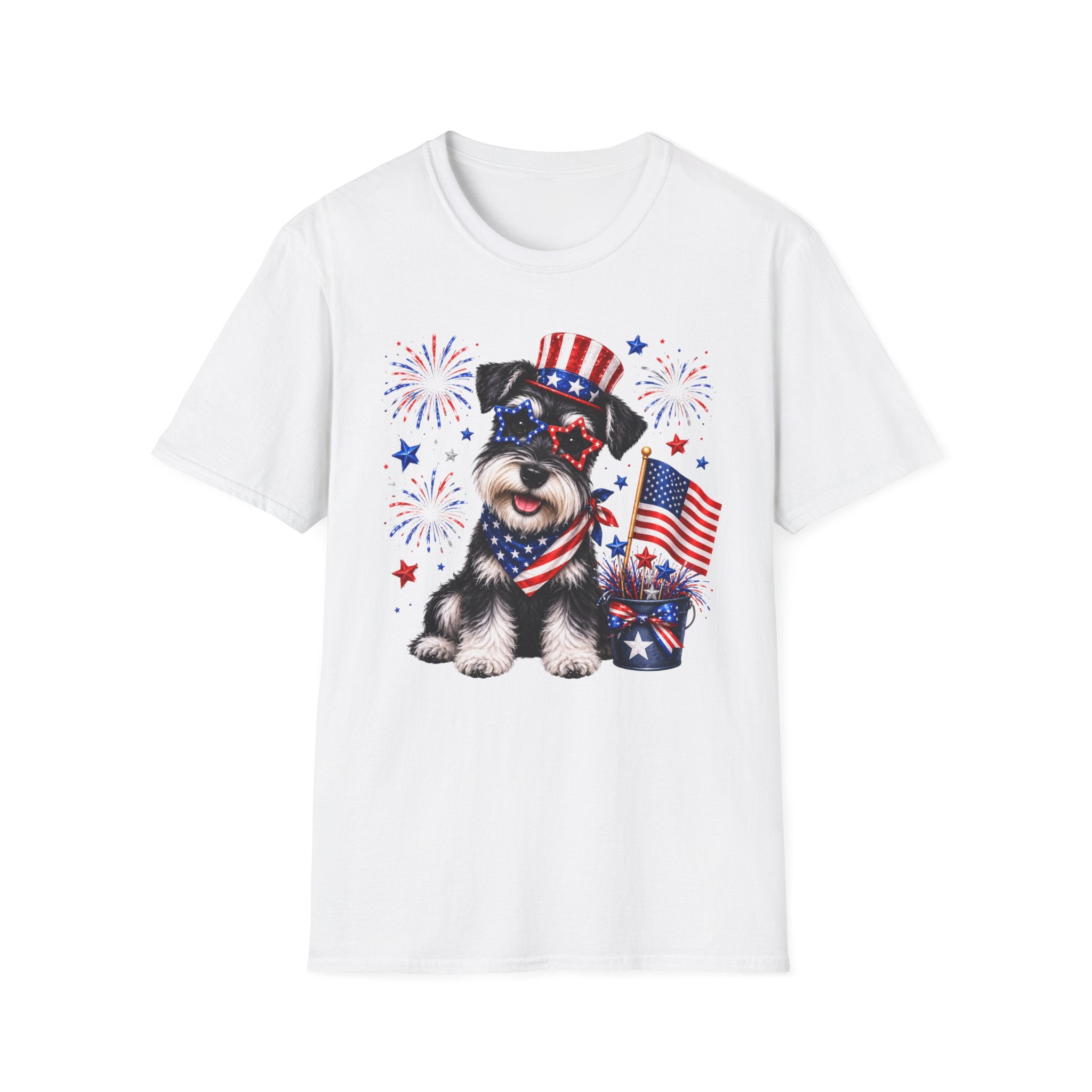 Patriotic Pup T‑Shirt — American Flag Dog with Fireworks (Fourth of July)
