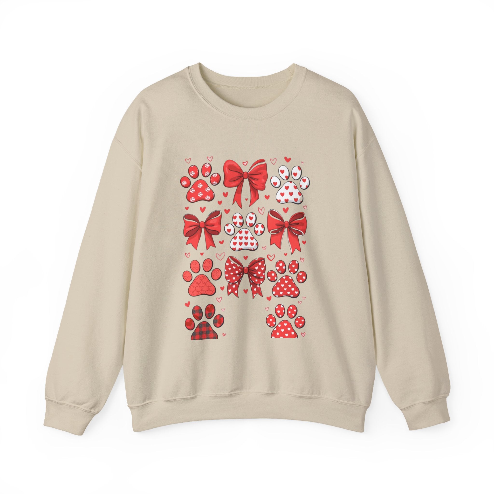 Valentine Paw Print Crewneck Sweatshirt — Red Bows & Hearts Pet Lover Pullover