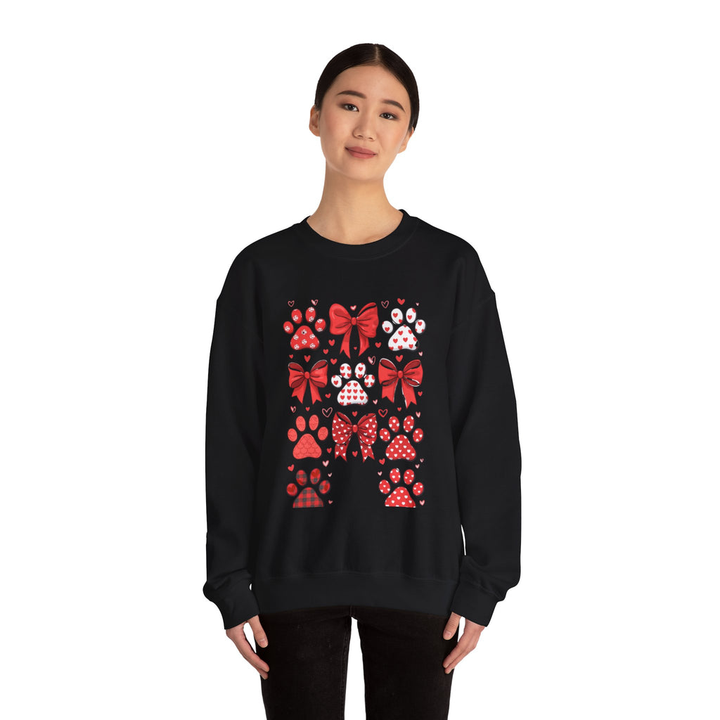 Valentine Paw Print Crewneck Sweatshirt — Red Bows & Hearts Pet Lover Pullover