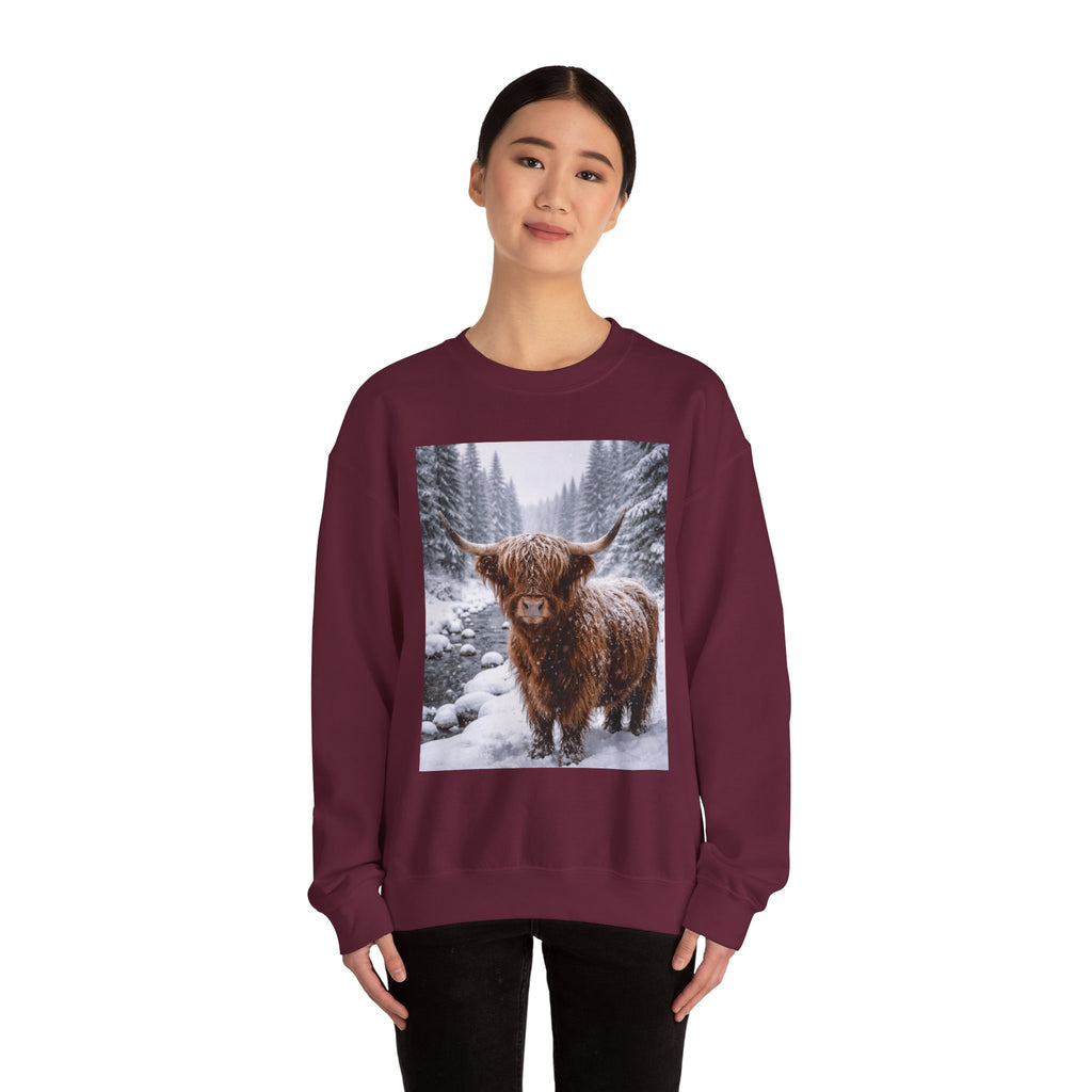 Highland Cow in Snow Crewneck Sweatshirt - Cozy Winter Forest Highlander Graphic
