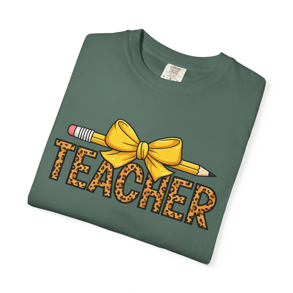 Teacher Leopard Print Pencil Bow T-Shirt — Cute Back-to-School Gift for Educators