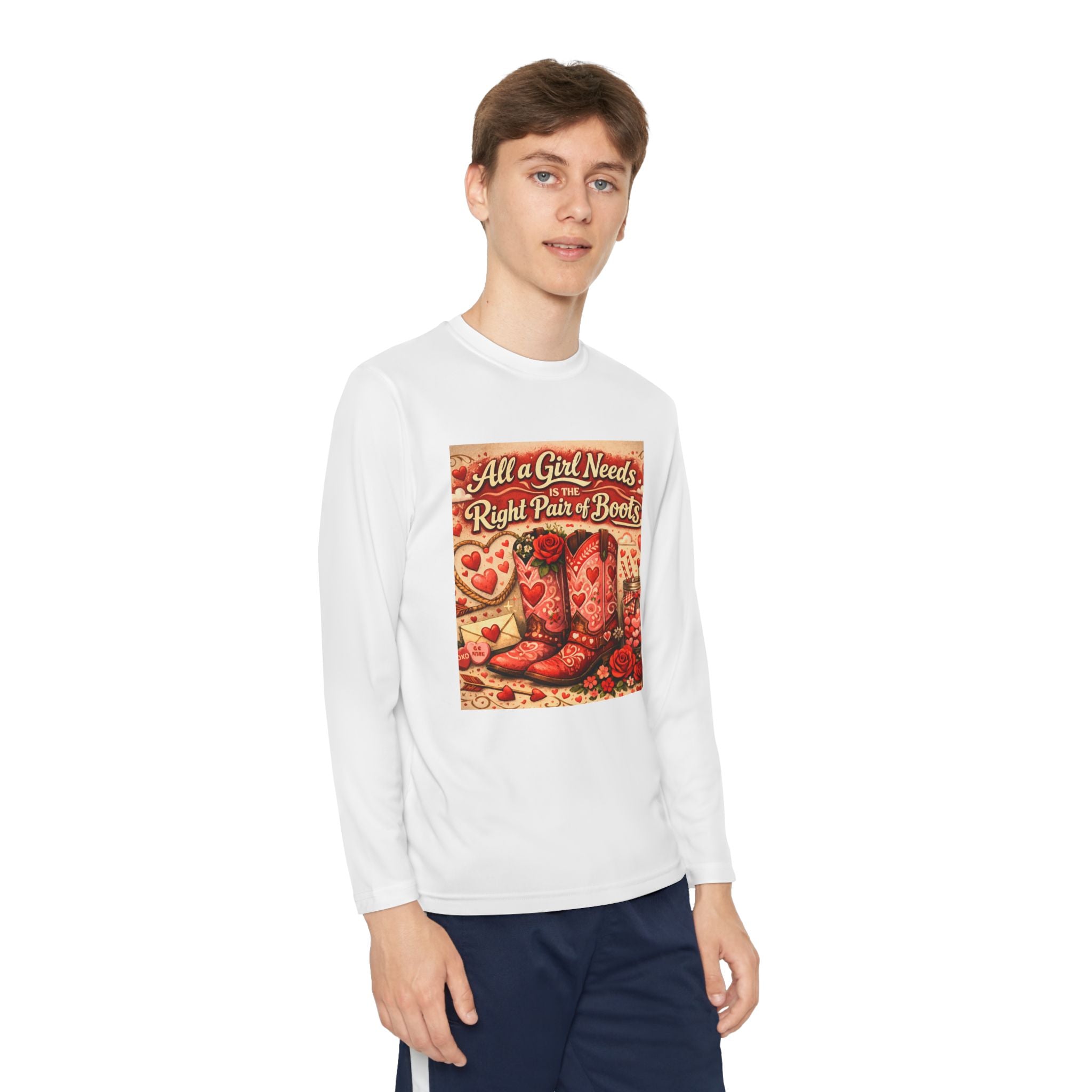 Youth Long Sleeve Tee — "All a Girl Needs is the Right Pair of Boots" Western Graphic