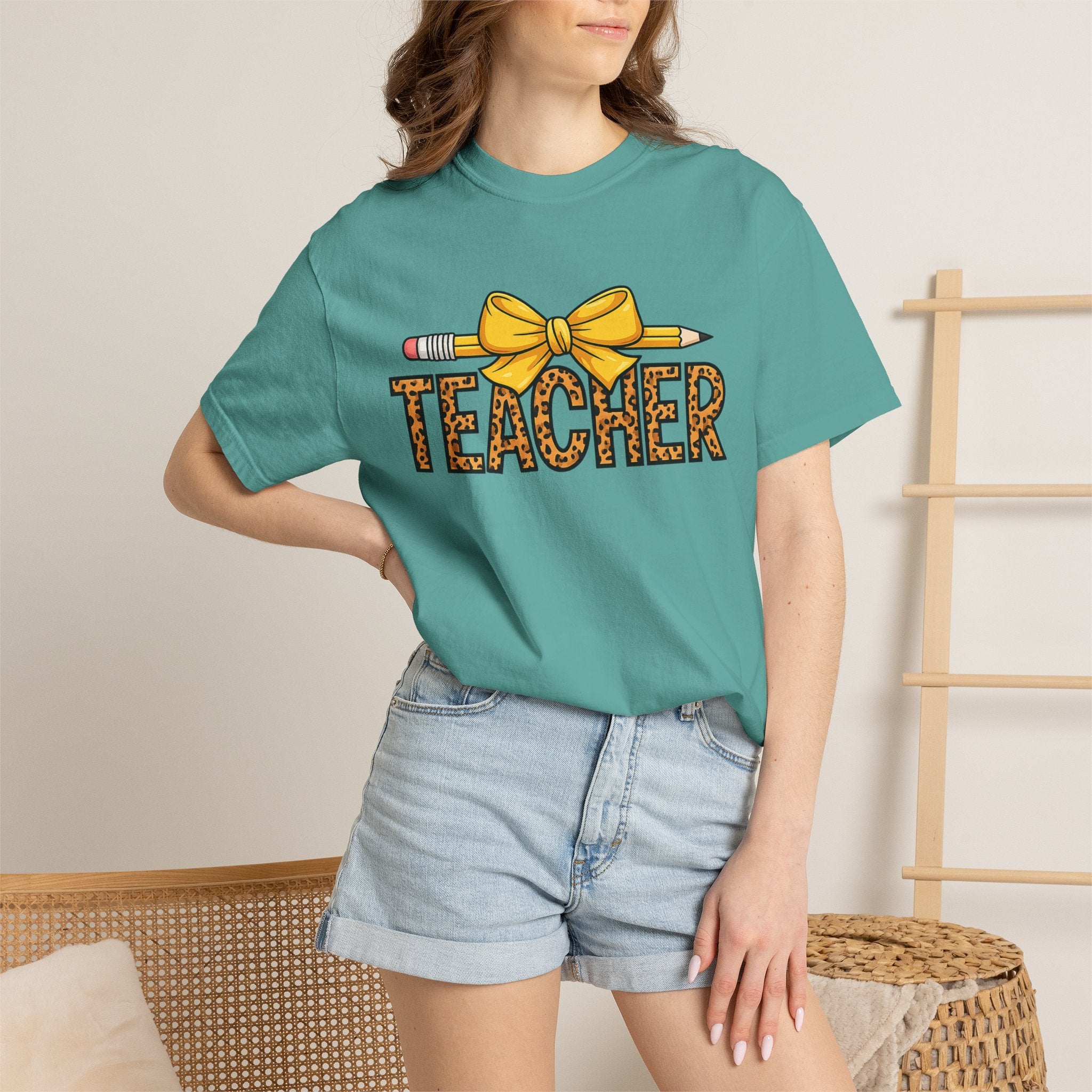 Teacher Leopard Print Pencil Bow T-Shirt — Cute Back-to-School Gift for Educators