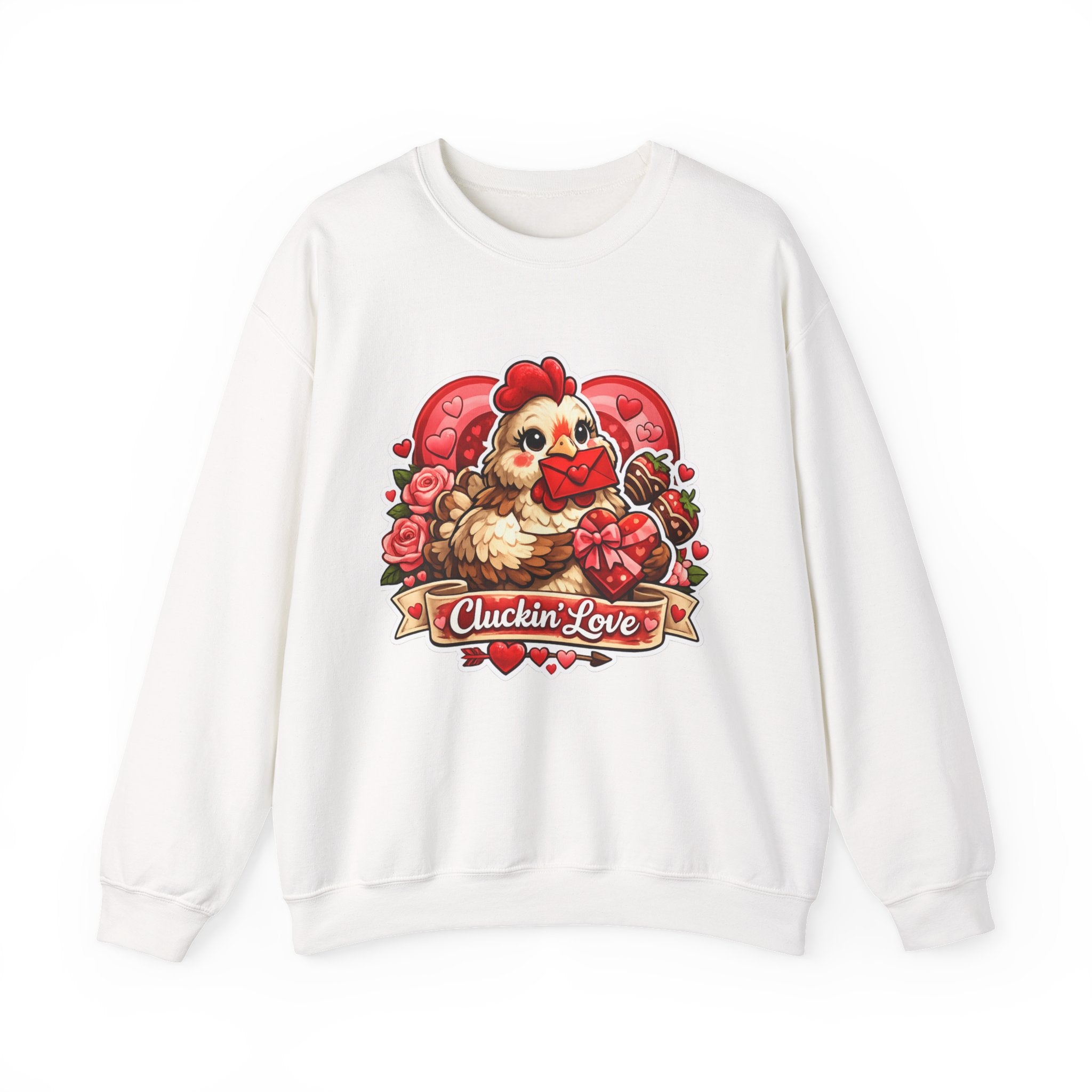 Crewneck Sweatshirt — "Cluckin' Love" Cute Chicken Valentine Design