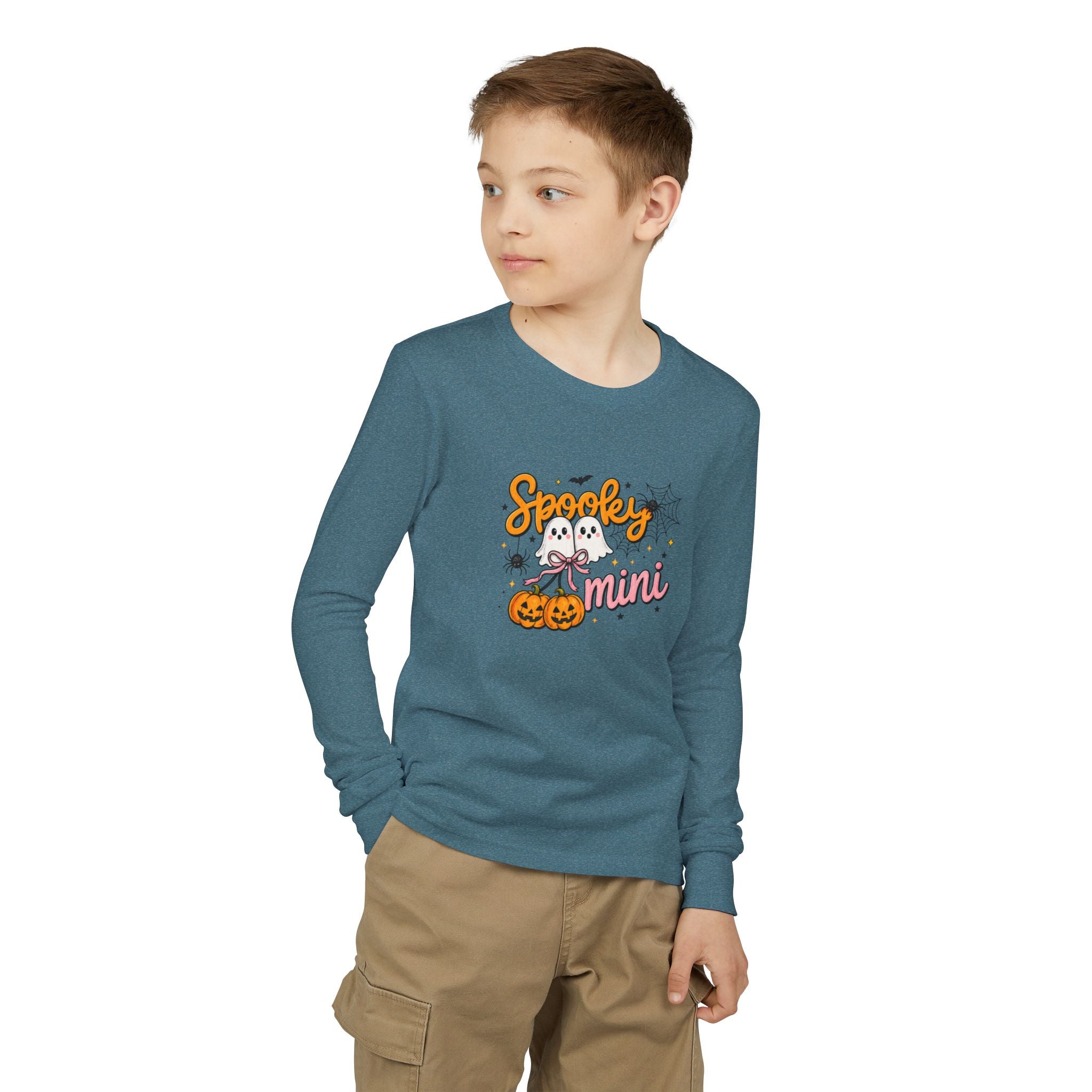 Youth Long Sleeve Tee — "Spooky Mini" Halloween Ghost & Pumpkin Kids Shirt