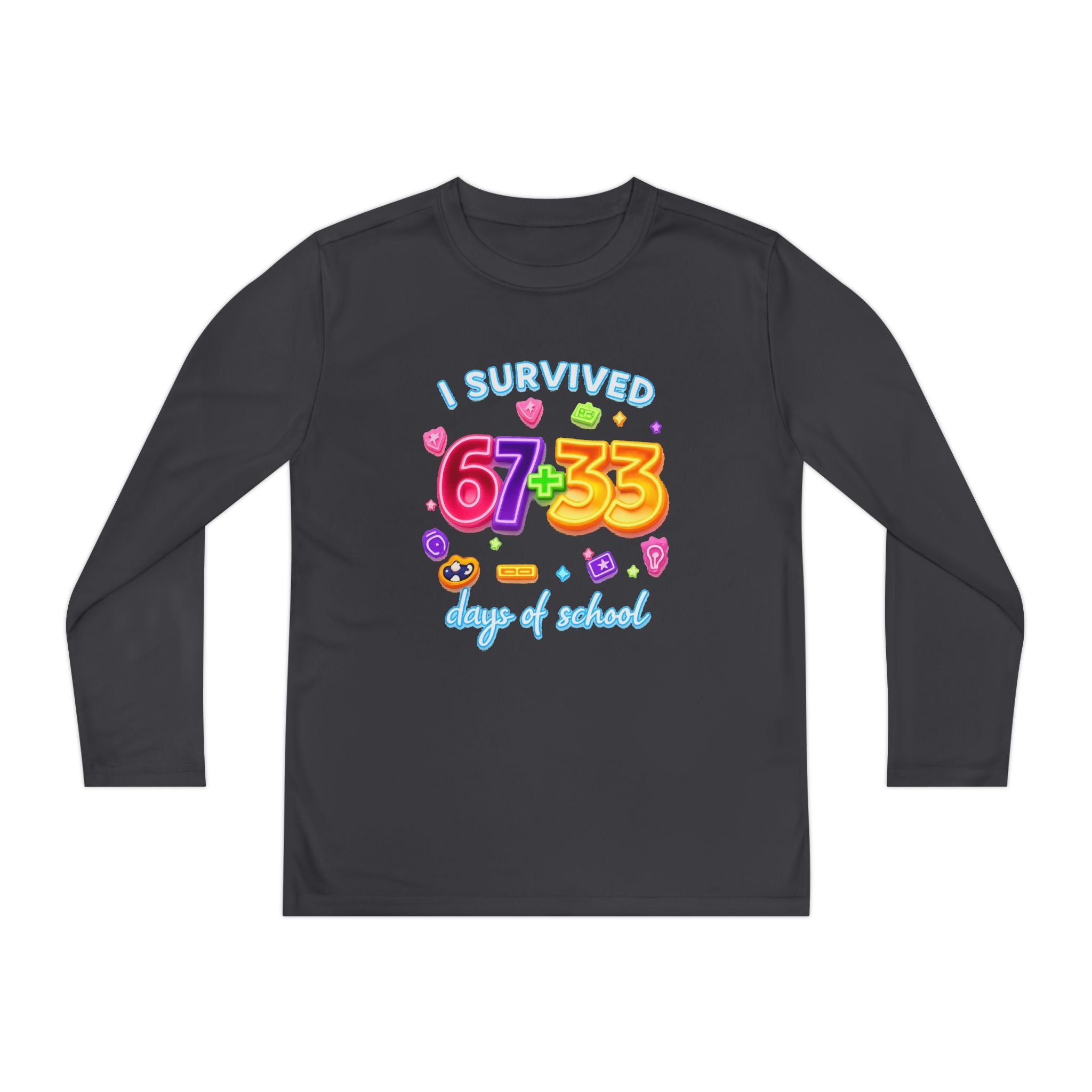Youth Long Sleeve Tee — "I Survived 67+33 Days of School" Colorful Celebration Shirt