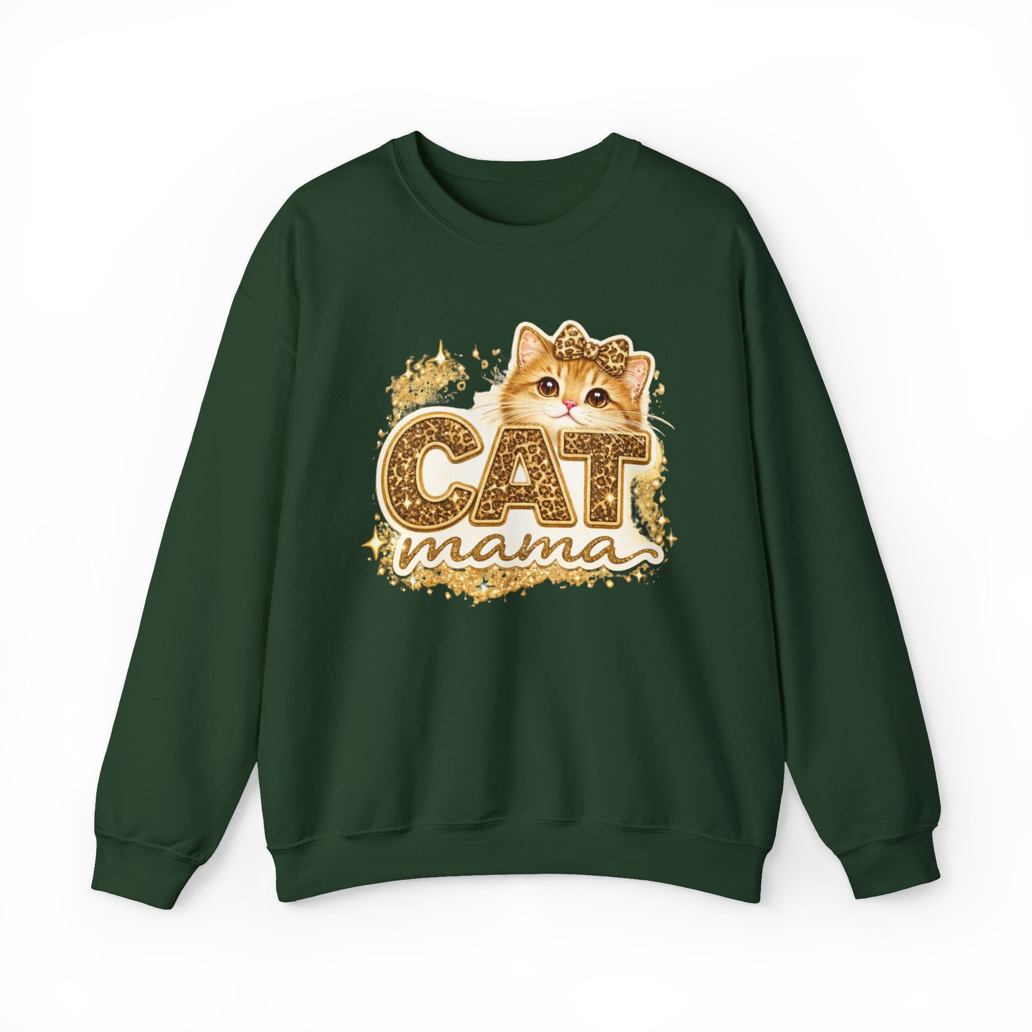 Cat Mama Crewneck Sweatshirt – Cute Gold Glitter Cat Graphic