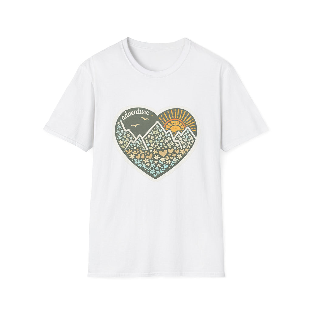 Adventure Heart Mountain T‑Shirt — Sunrise Nature Graphic Tee for Hikers & Outdoor Lovers