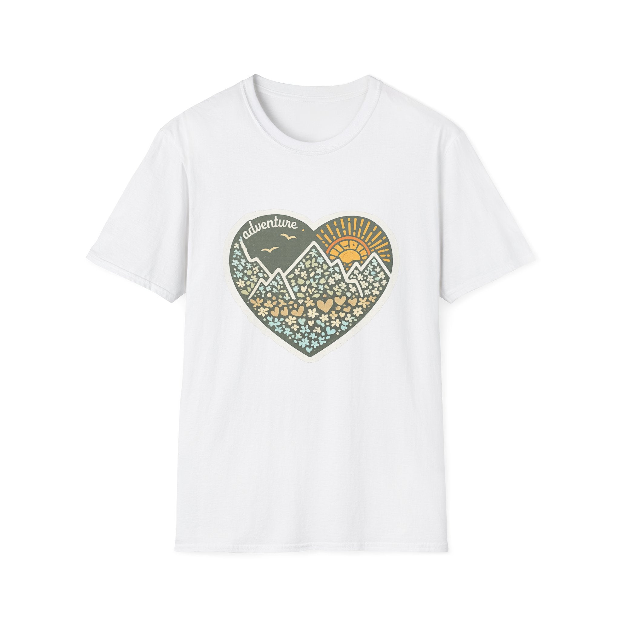 Adventure Heart Mountain T‑Shirt — Sunrise Nature Graphic Tee for Hikers & Outdoor Lovers
