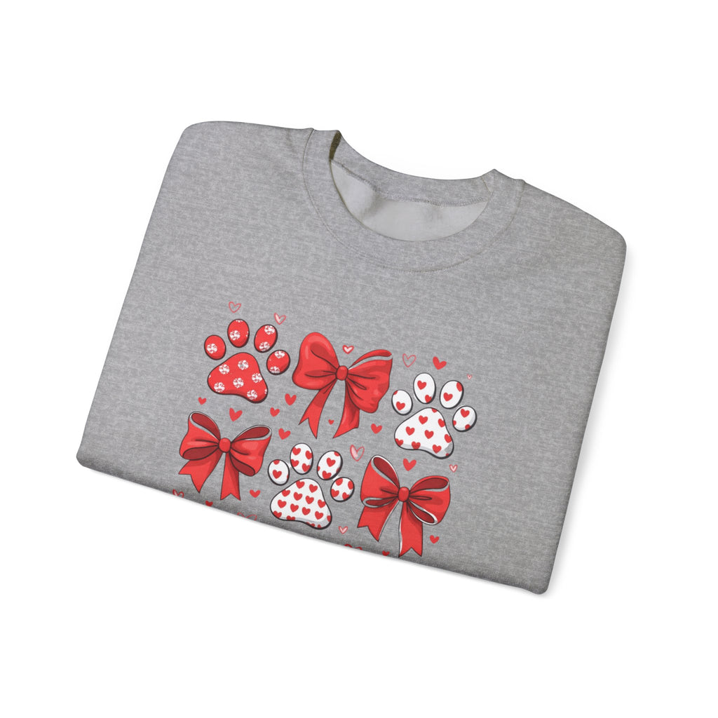 Valentine Paw Print Crewneck Sweatshirt — Red Bows & Hearts Pet Lover Pullover