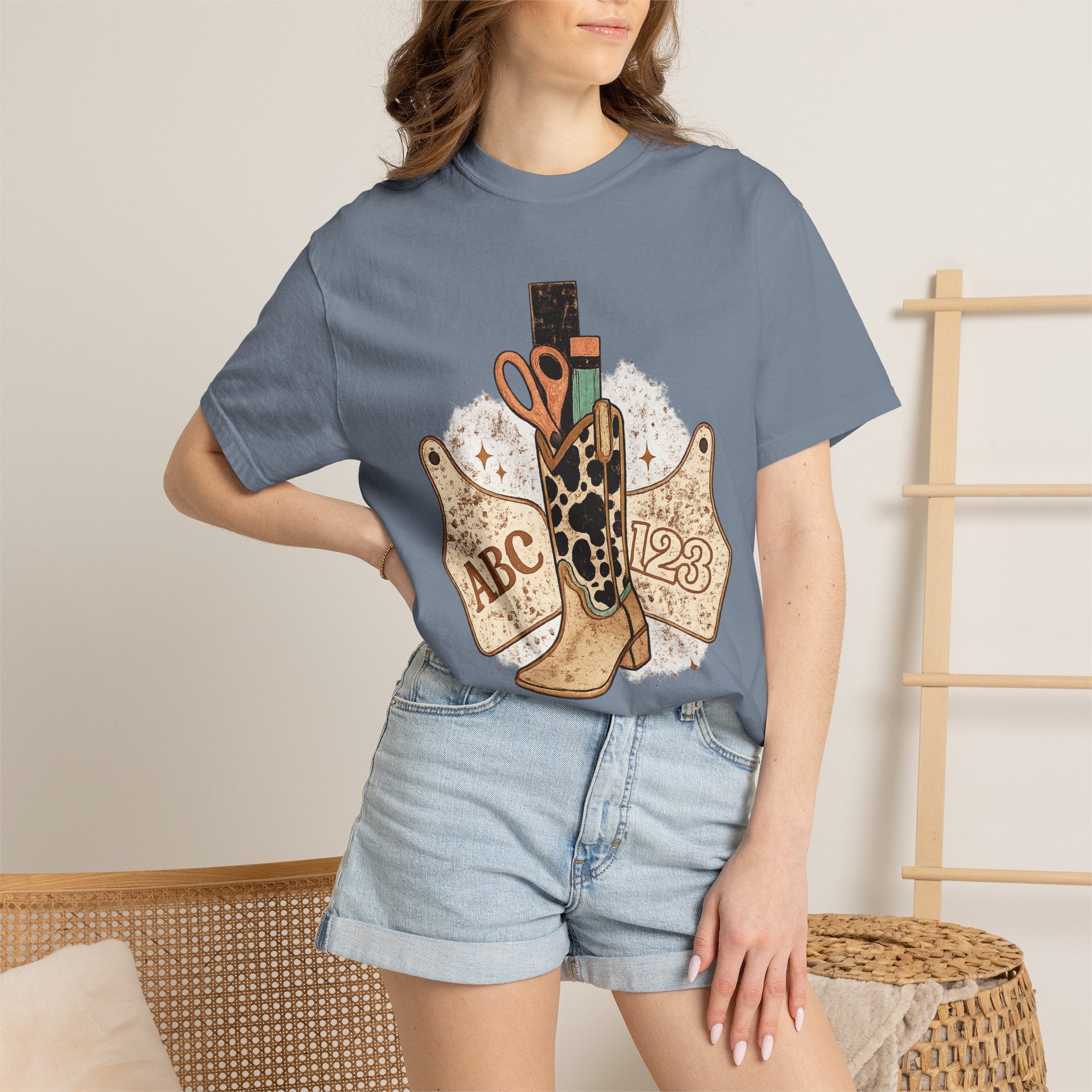 Teacher Cowgirl Boot T-Shirt – ABC 123 Classroom Scissors Design