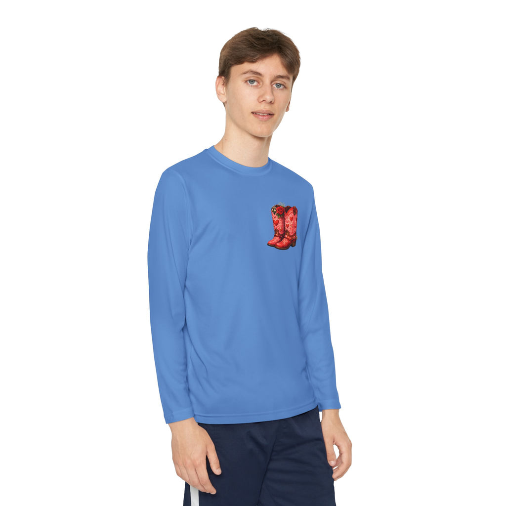 Youth Long Sleeve Tee — “All a Girl Needs is a Right Pair of Boots” Cowboy Boots Graphic