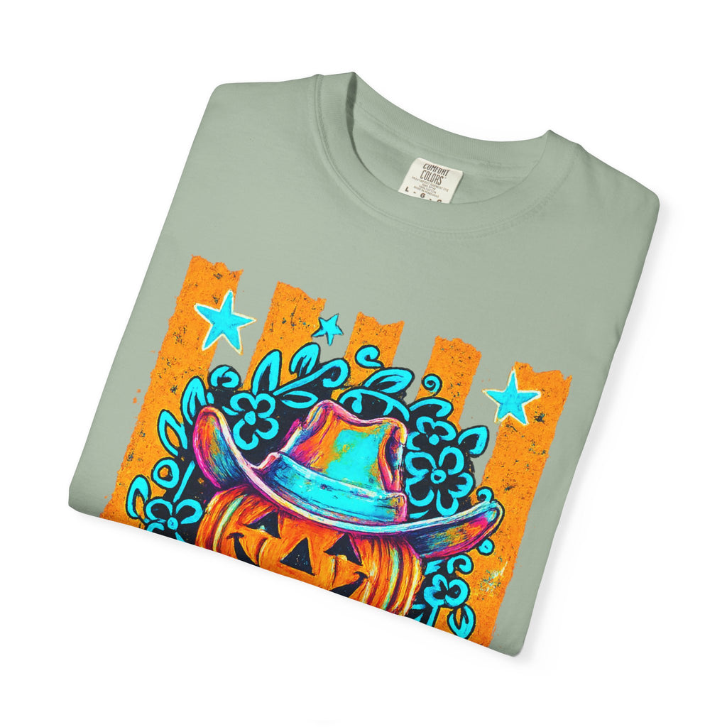 Halloween Pumpkin Cowboy T-Shirt — Neon Country Jack-O'-Lantern Graphic Tee