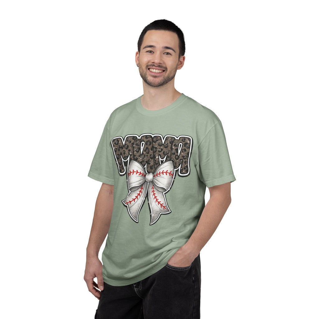 Baseball Mom T-Shirt — Camo Lettering with Baseball Bow