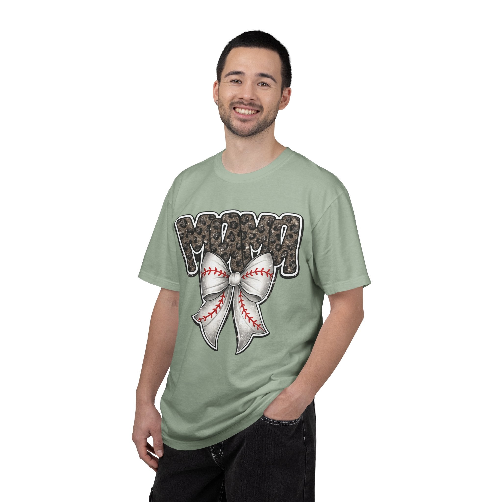 Baseball Mom T-Shirt — Camo Lettering with Baseball Bow
