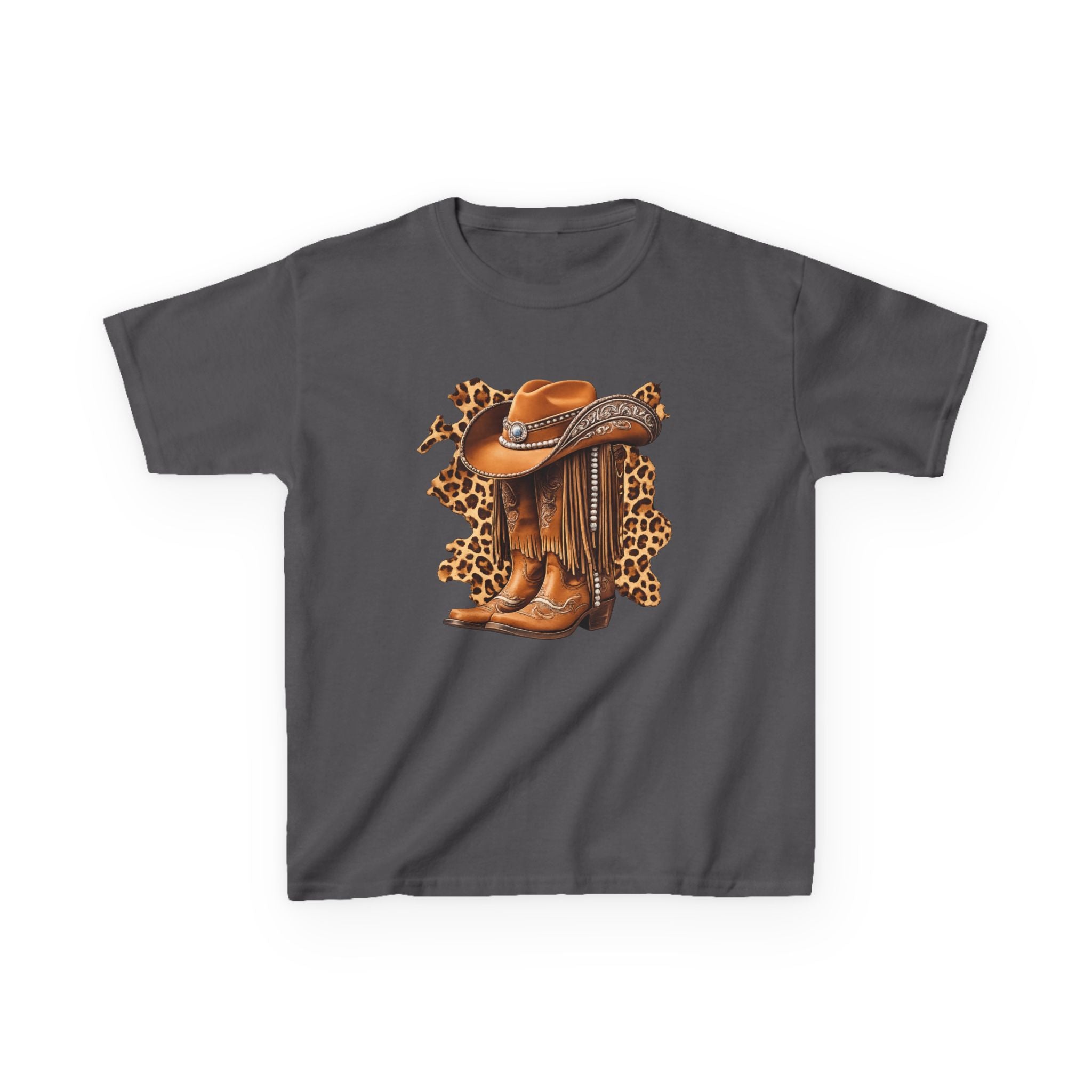 Kids Cowboy Hat & Boots Tee — Leopard Print Western Kids T-Shirt