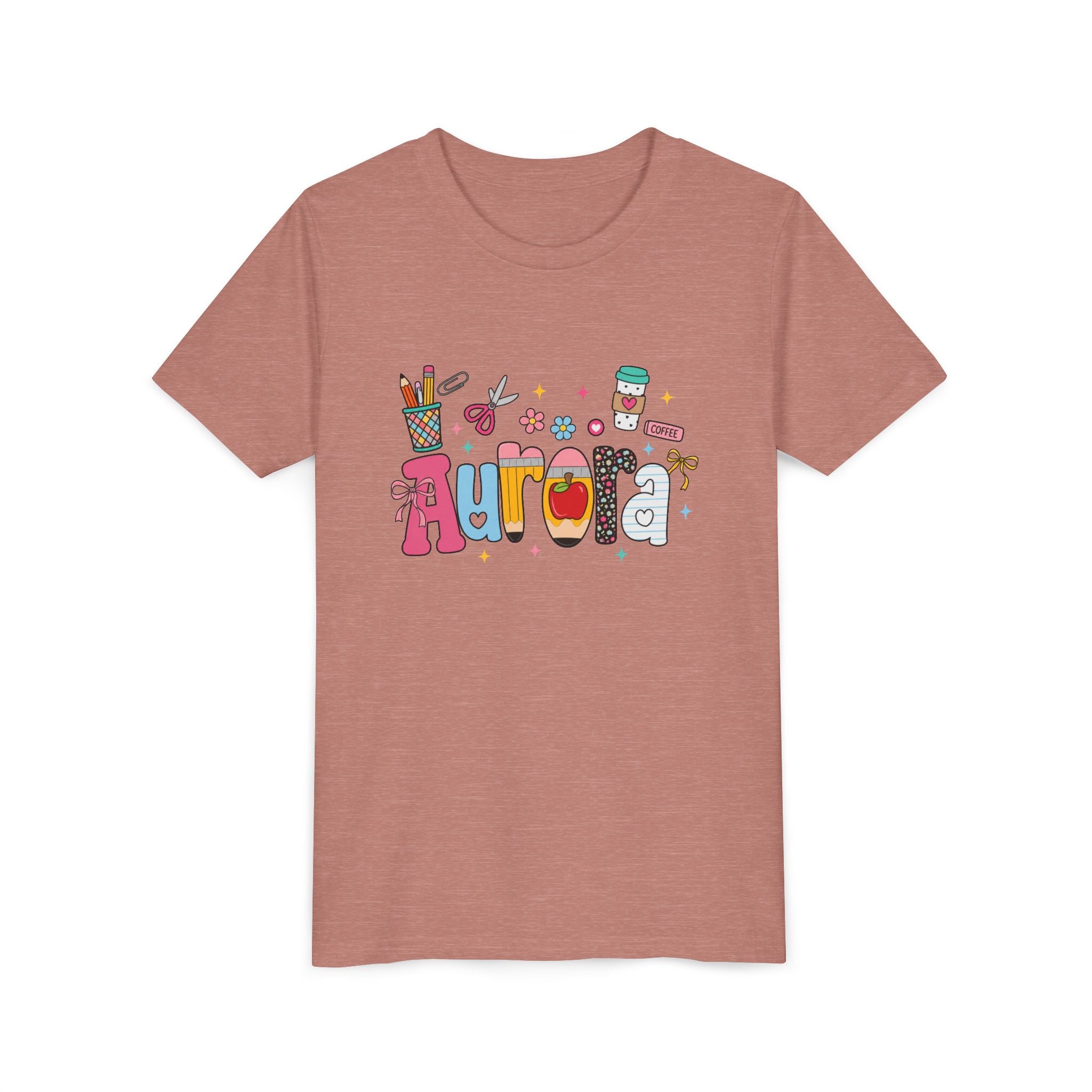 Aurora Kids' Name Tee — Colorful School Supplies Graphic Youth T-Shirt