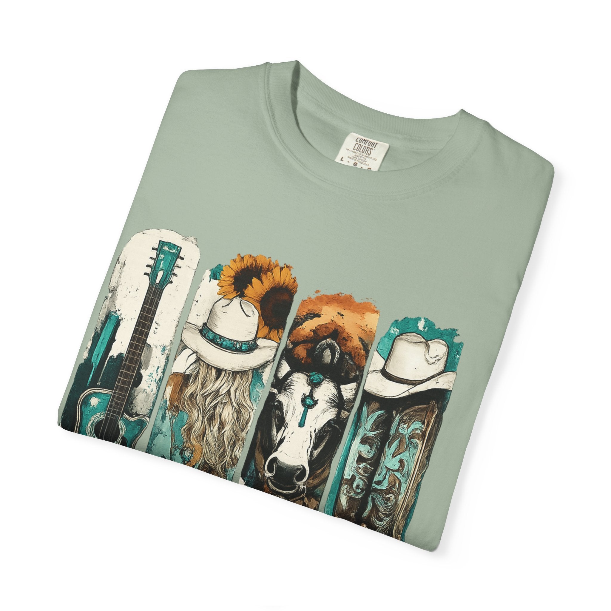Western Music Icons T-Shirt — Rustic Guitar, Boots & Hat Graphic Tee