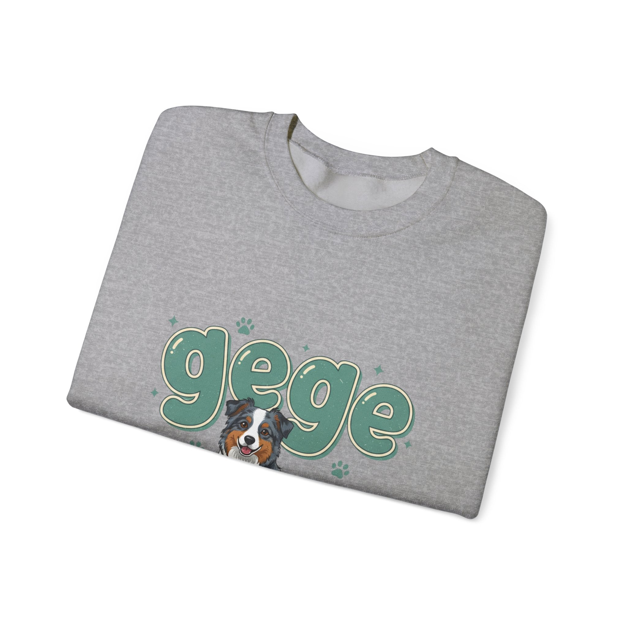 Crewneck Sweatshirt — Cute "gege" Design with Australian Shepherd Illustration