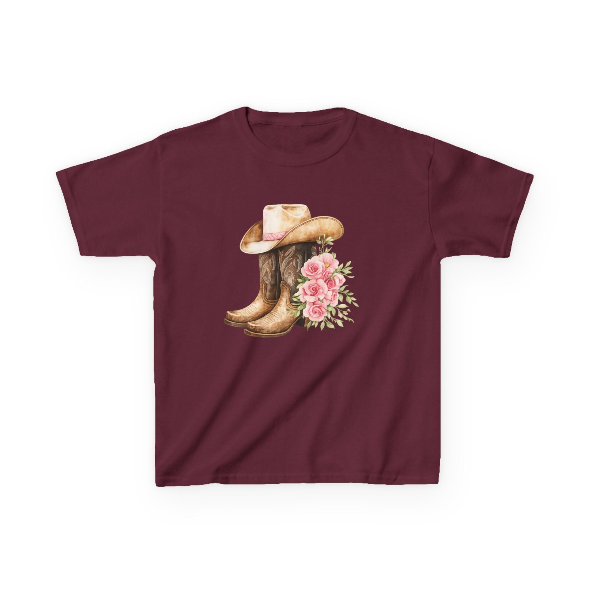 Kids Western Tee — Cowboy Hat & Boots with Pink Floral Design