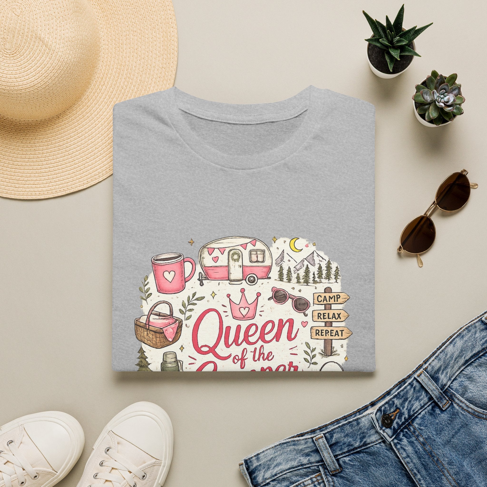 Queen of the Camper T-Shirt — Cute Pink Camping RV Graphic Tee for Women