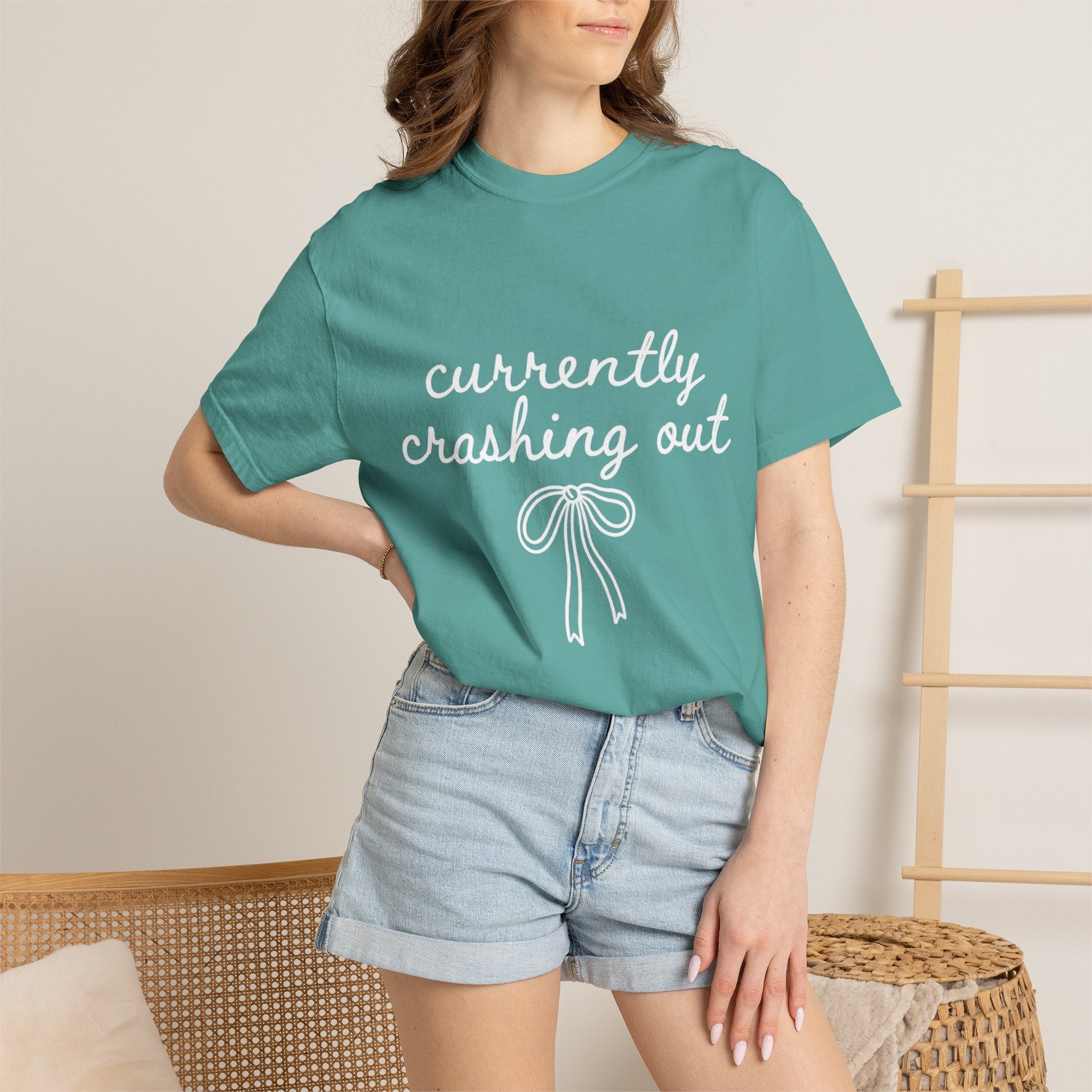 White Garment-Dyed T-Shirt — Minimal Ribbon Graphic Tee