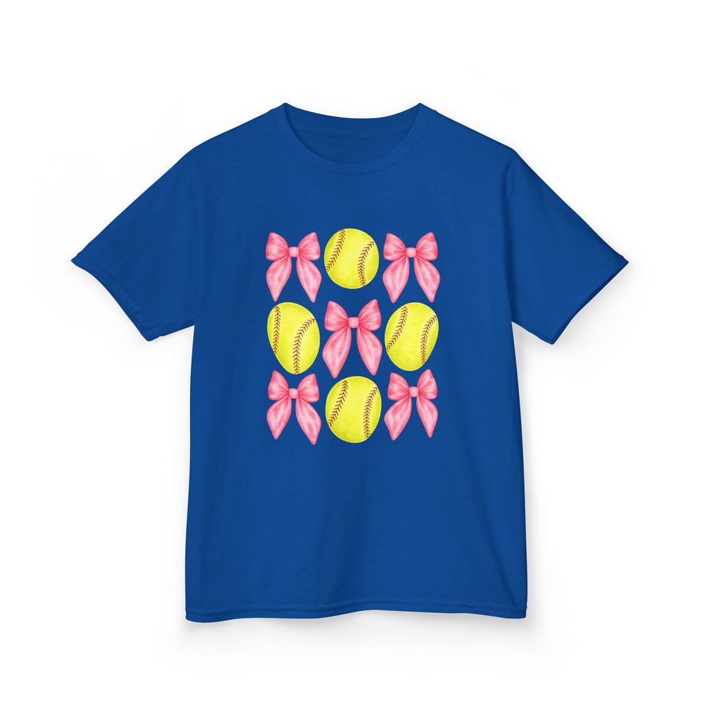 Girls Softball & Bows Kids Tee — Pink Bow Softball Pattern Shirt