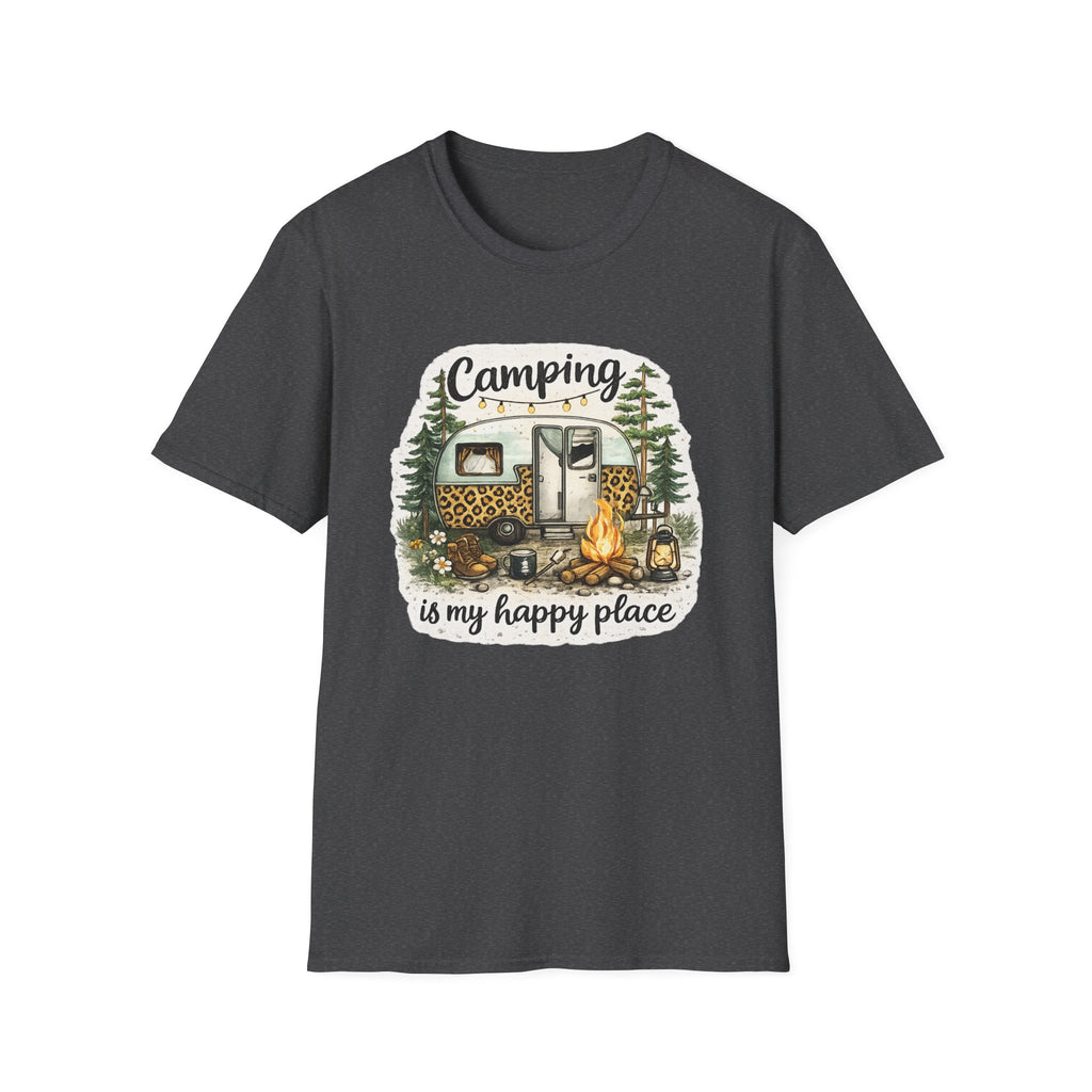 Camping Is My Happy Place T‑Shirt — Leopard Camper Graphic Tee