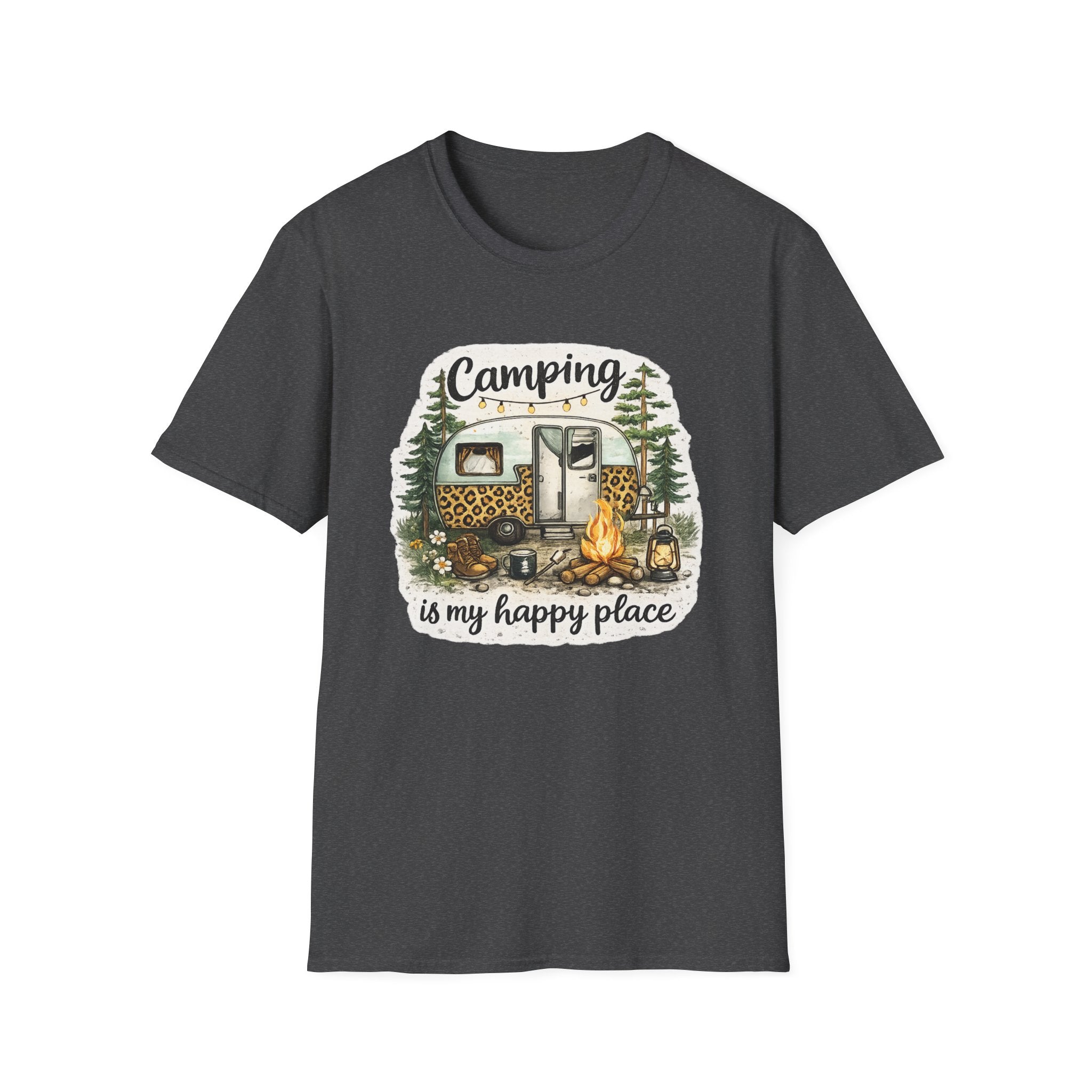 Camping Is My Happy Place T‑Shirt — Leopard Camper Graphic Tee