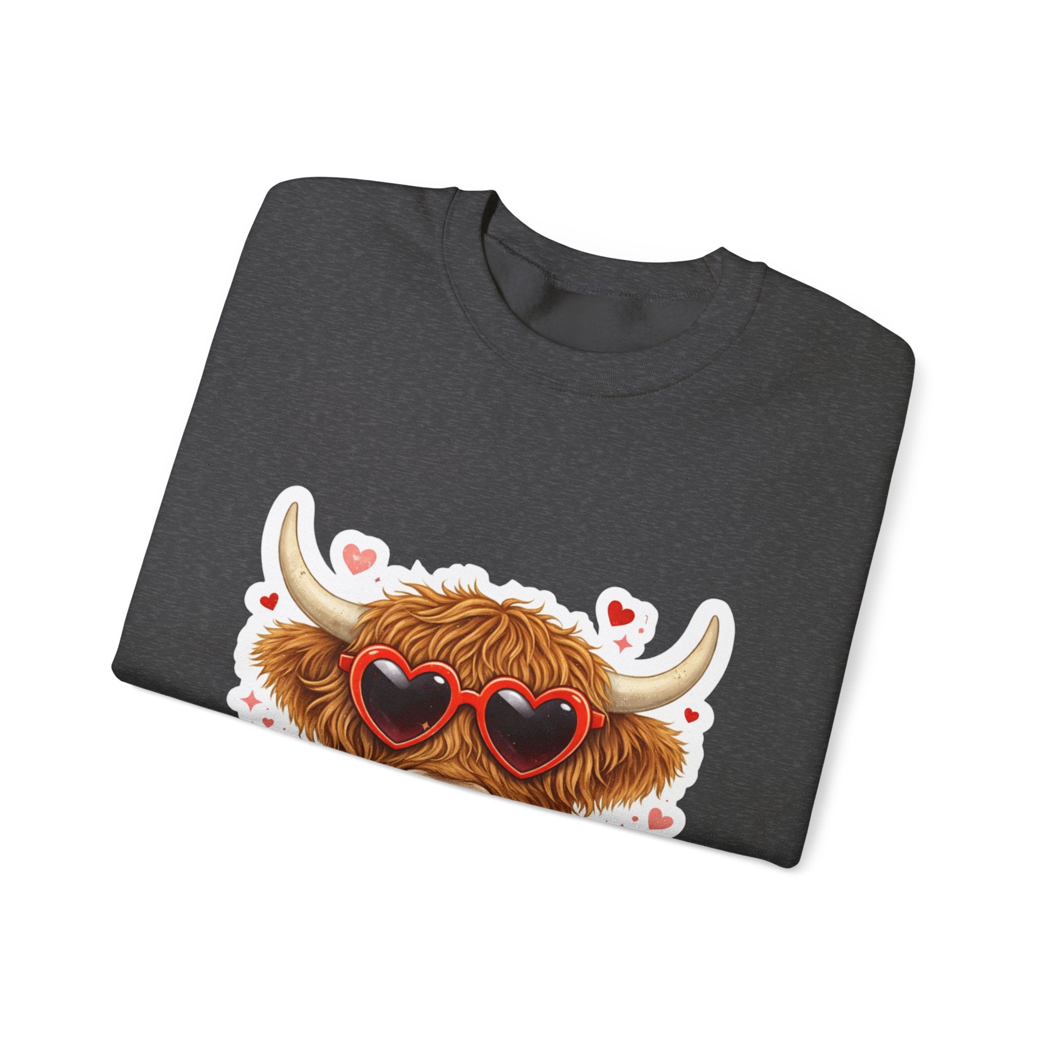 Valentine Highland Cow Sweatshirt – Cute Heart Sunglasses & Scarf Crewneck
