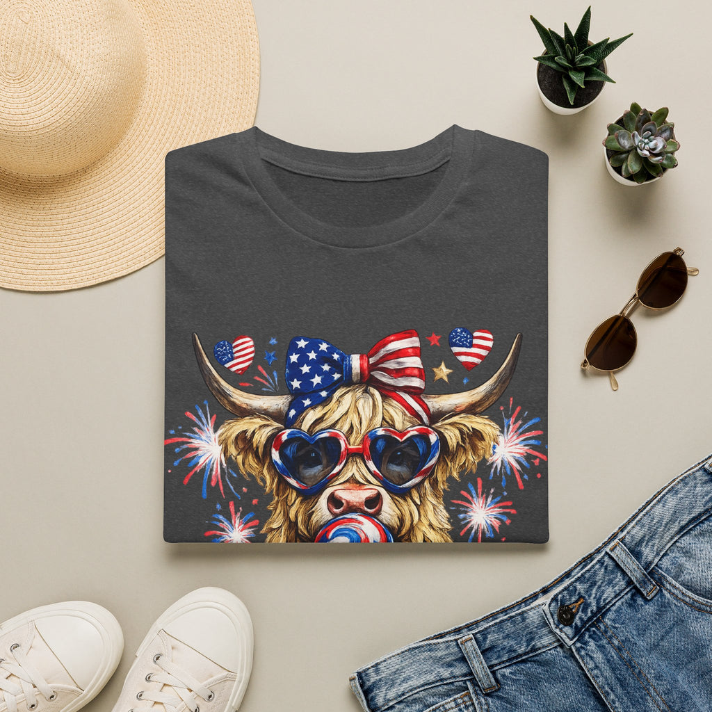 Patriotic Highland Cow T-Shirt — 4th of July American Flag Cow Tee