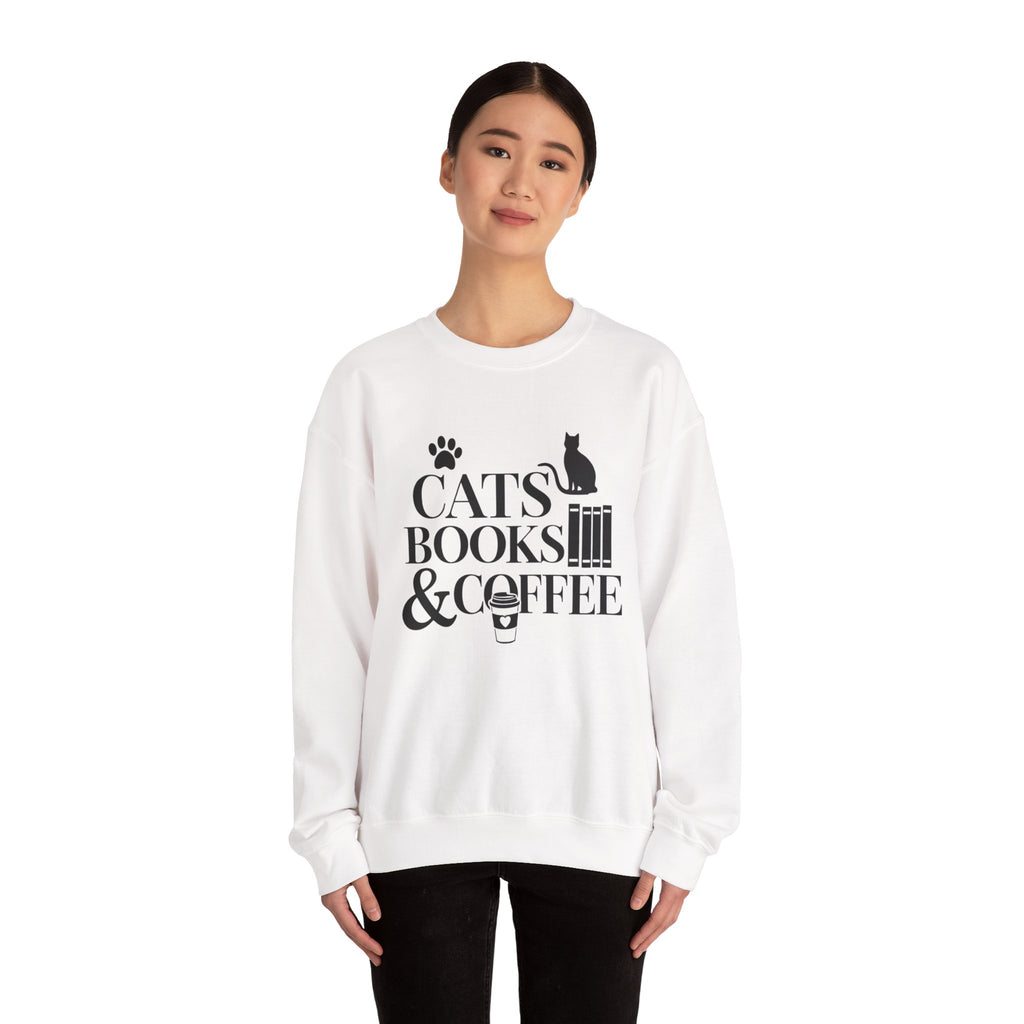 Cats, Books & Coffee Sweatshirt - Cozy Cat Lover Crewneck