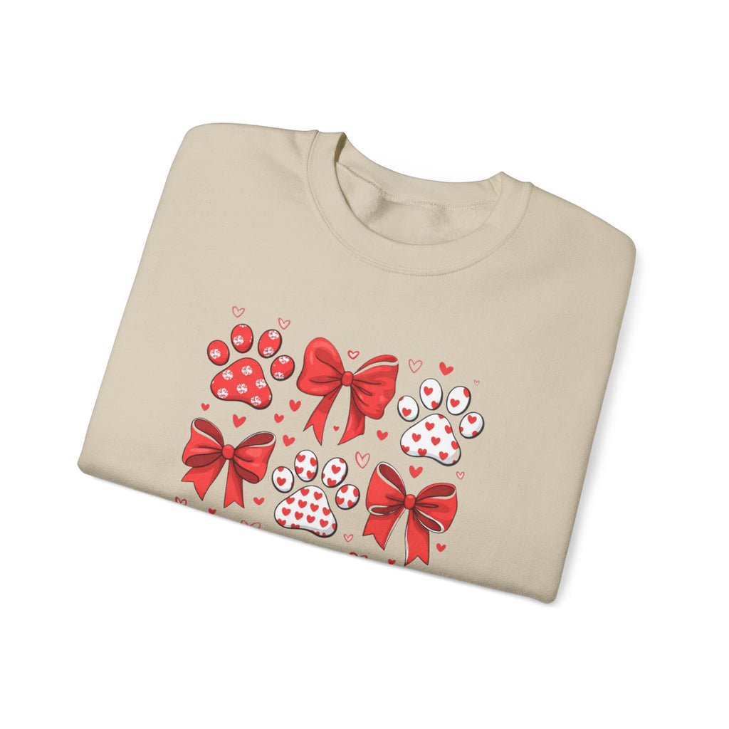 Valentine Paw Print Crewneck Sweatshirt — Red Bows & Hearts Pet Lover Pullover