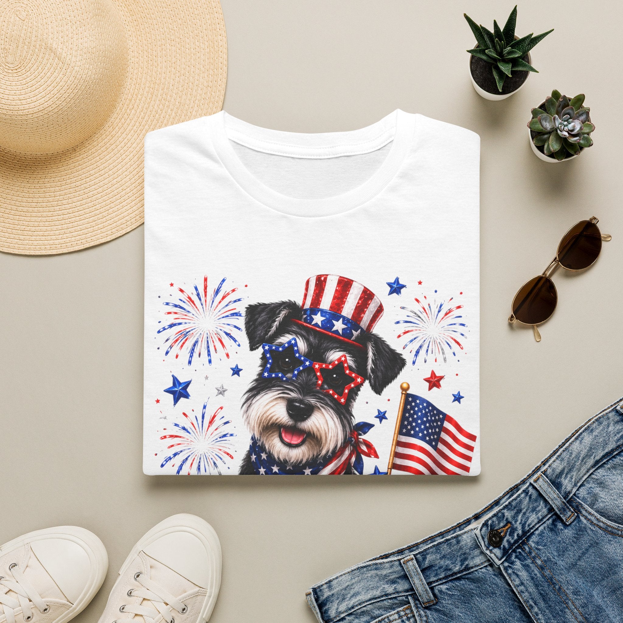 Patriotic Pup T‑Shirt — American Flag Dog with Fireworks (Fourth of July)