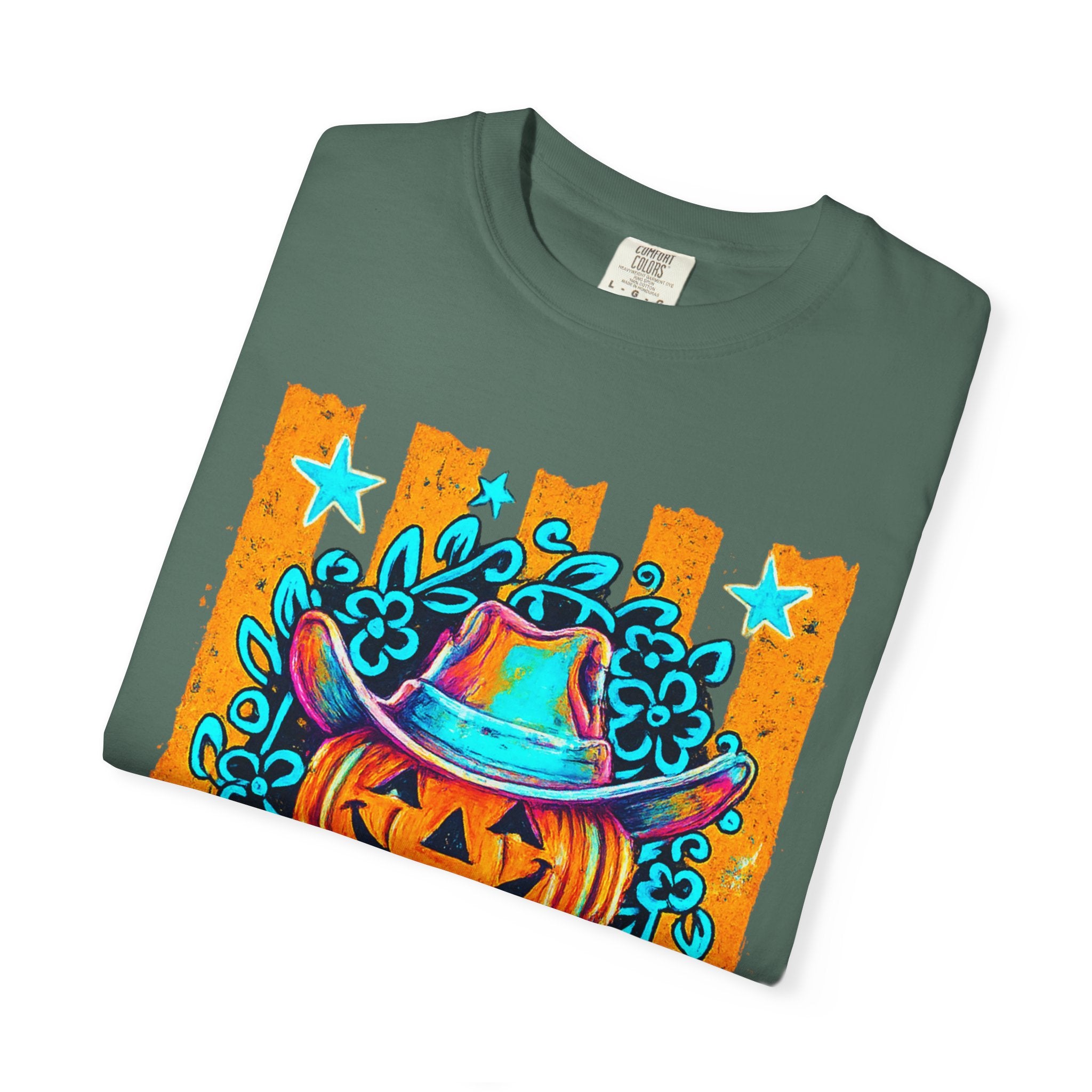 Halloween Pumpkin Cowboy T-Shirt — Neon Country Jack-O'-Lantern Graphic Tee