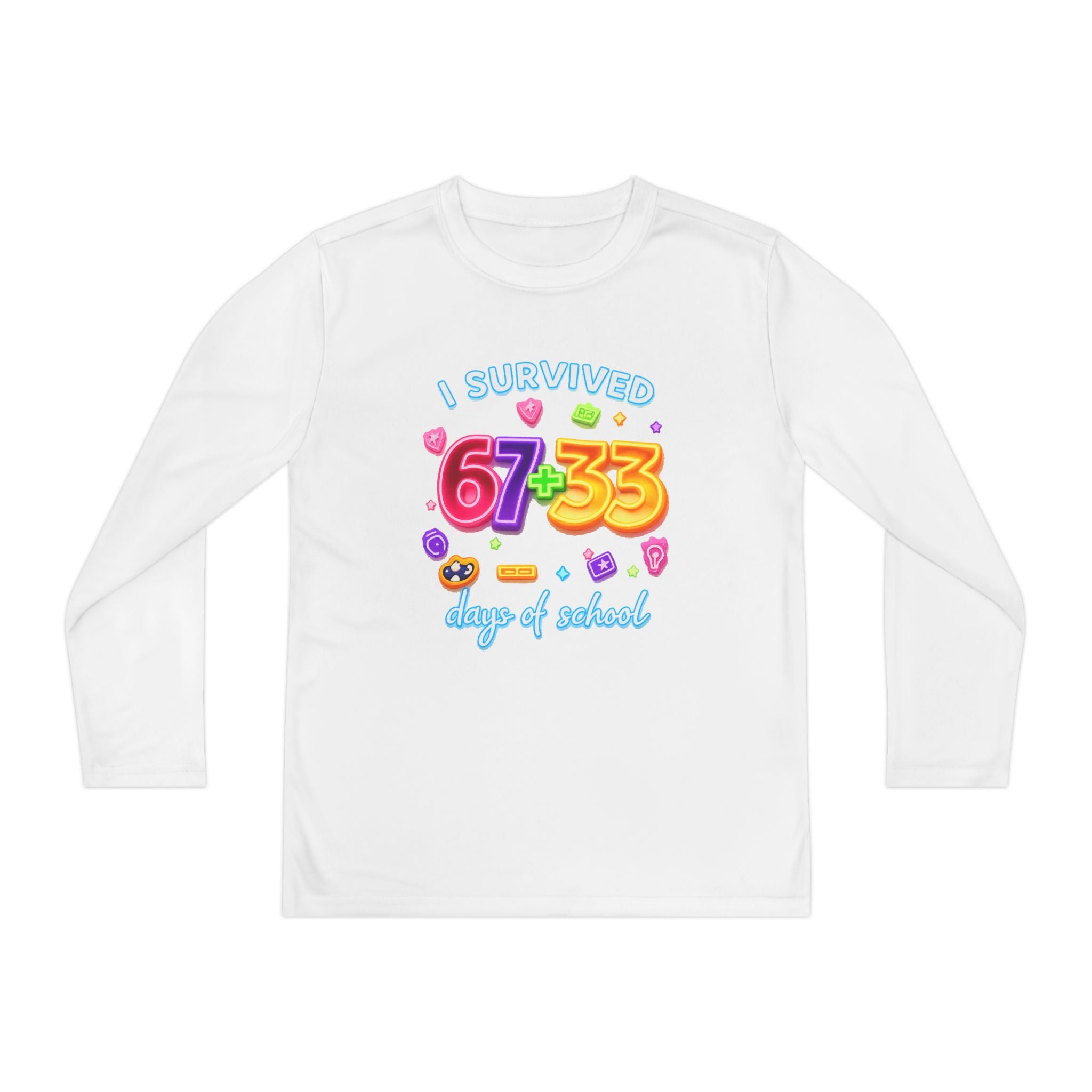 Youth Long Sleeve Tee — "I Survived 67+33 Days of School" Colorful Celebration Shirt