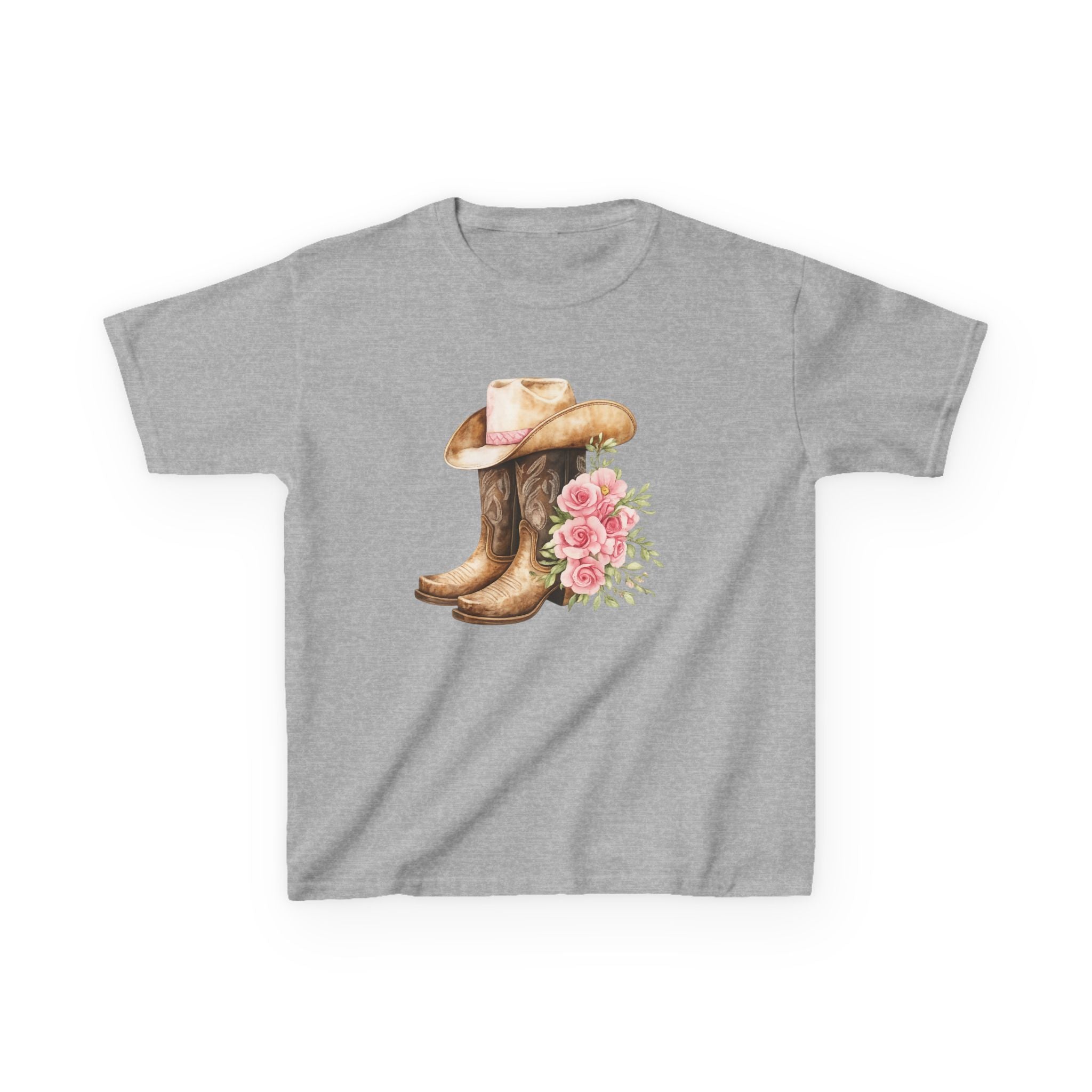 Kids Western Tee — Cowboy Hat & Boots with Pink Floral Design
