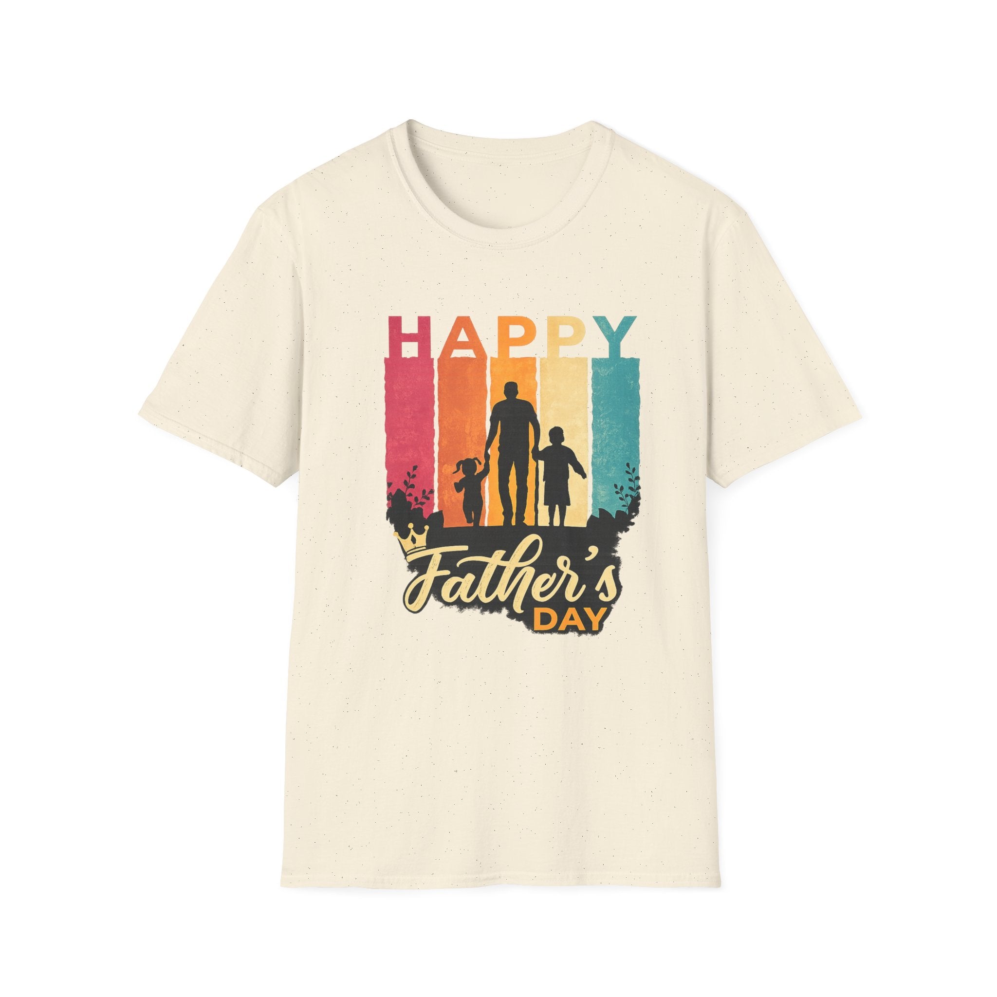 Happy Father's Day T-Shirt — Silhouette Dad with Kids Retro Stripes