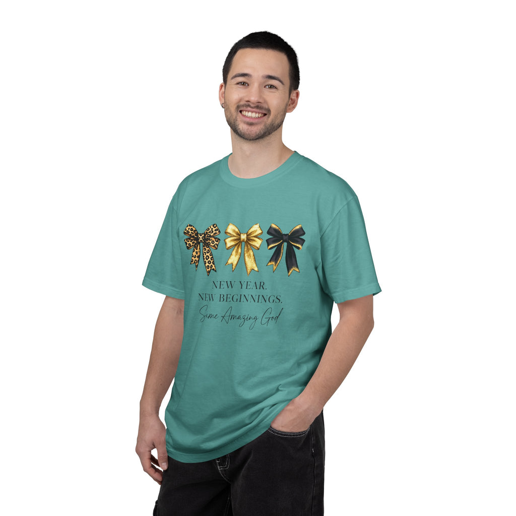T-Shirt — "New Year, New Beginnings" Gold & Black Bow Graphic Tee