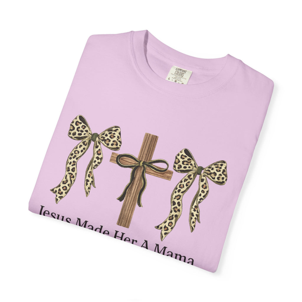 Jesus Made Her a Mama Cross T‑Shirt — Leopard Bow Christian Mother's Day Tee