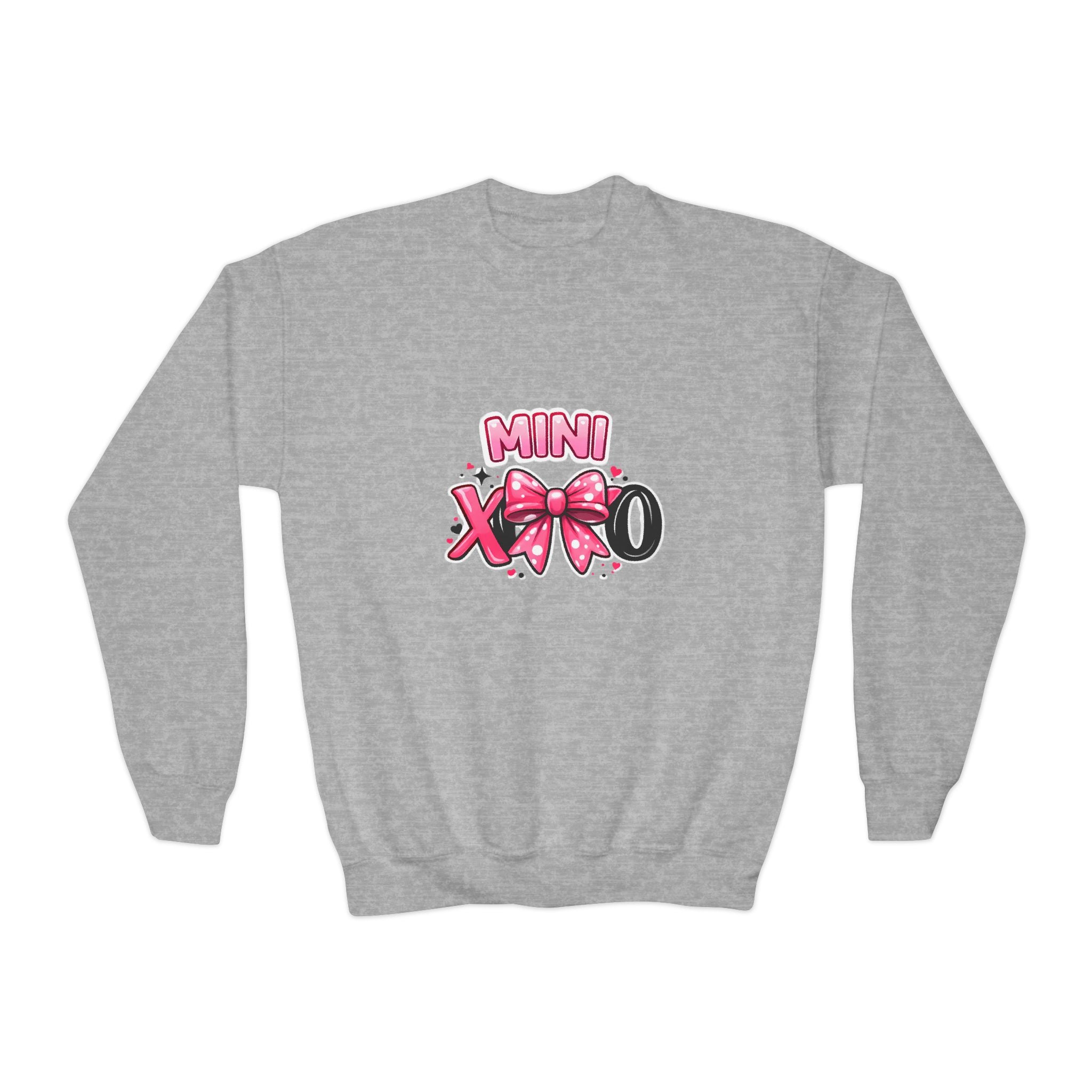 Mini XOXO Youth Crewneck Sweatshirt — Pink Bow Valentine Kids Pullover