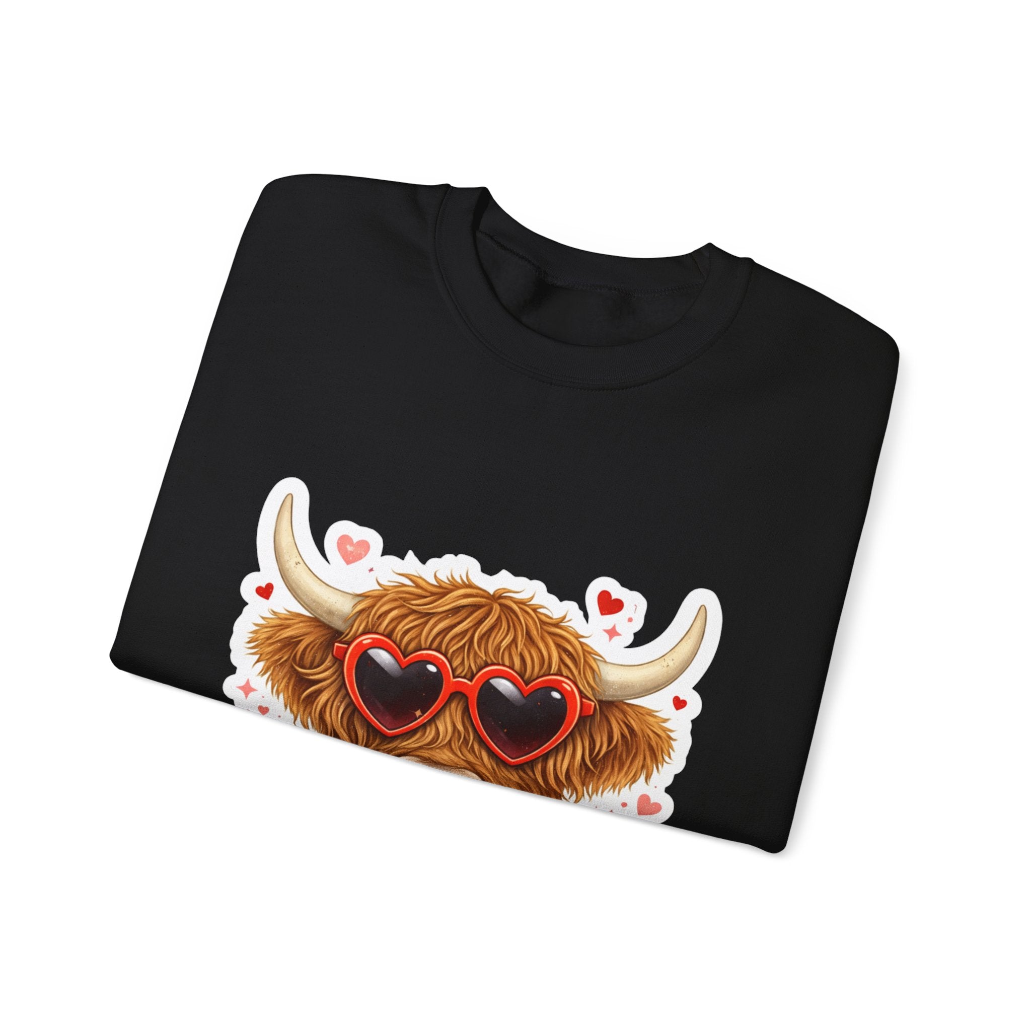 Valentine Highland Cow Sweatshirt – Cute Heart Sunglasses & Scarf Crewneck