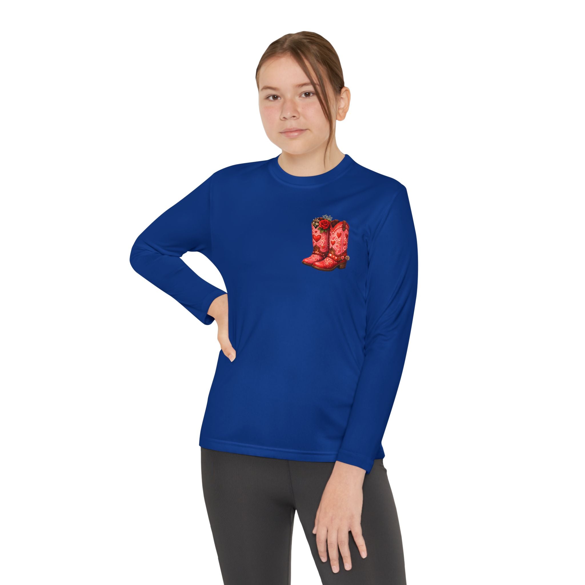 Youth Long Sleeve Tee — “All a Girl Needs is a Right Pair of Boots” Cowboy Boots Graphic
